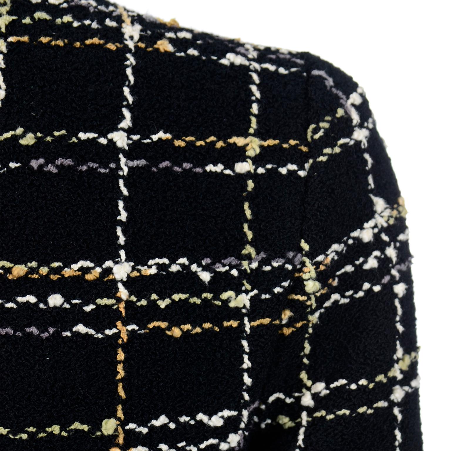 Adolfo Sardiña Vintage Black Plaid Boucle Knit Skirt & Jacket Suit w Yellow Trim 1