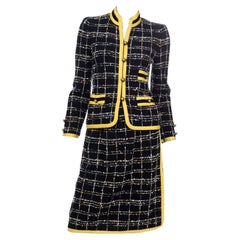 Adolfo Sardiña Vintage Black Plaid Boucle Knit Skirt & Jacket Suit w Yellow Trim