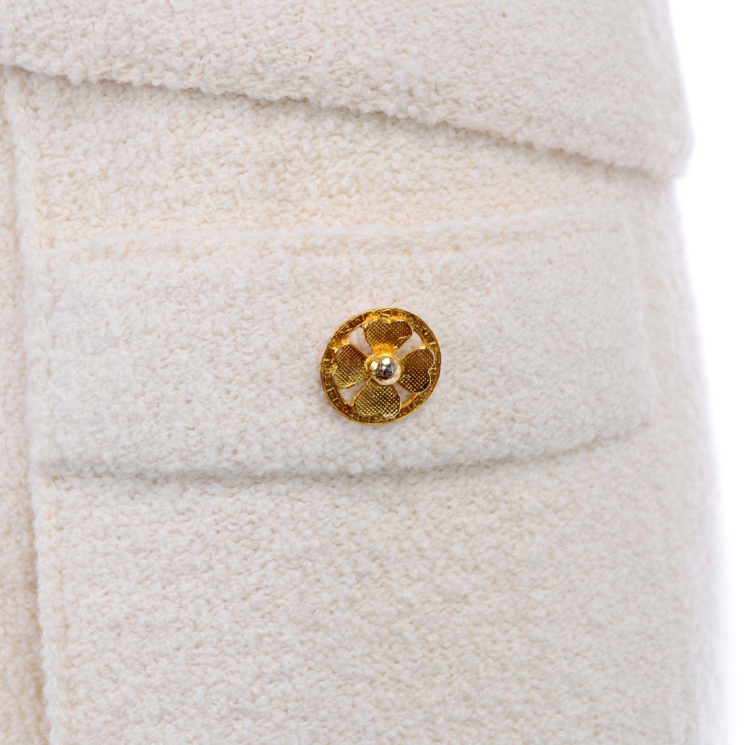 Women's Adolfo Sardina Vintage Ivory Cream Knit Skirt & Jacket Suit Gold Clover Buttons