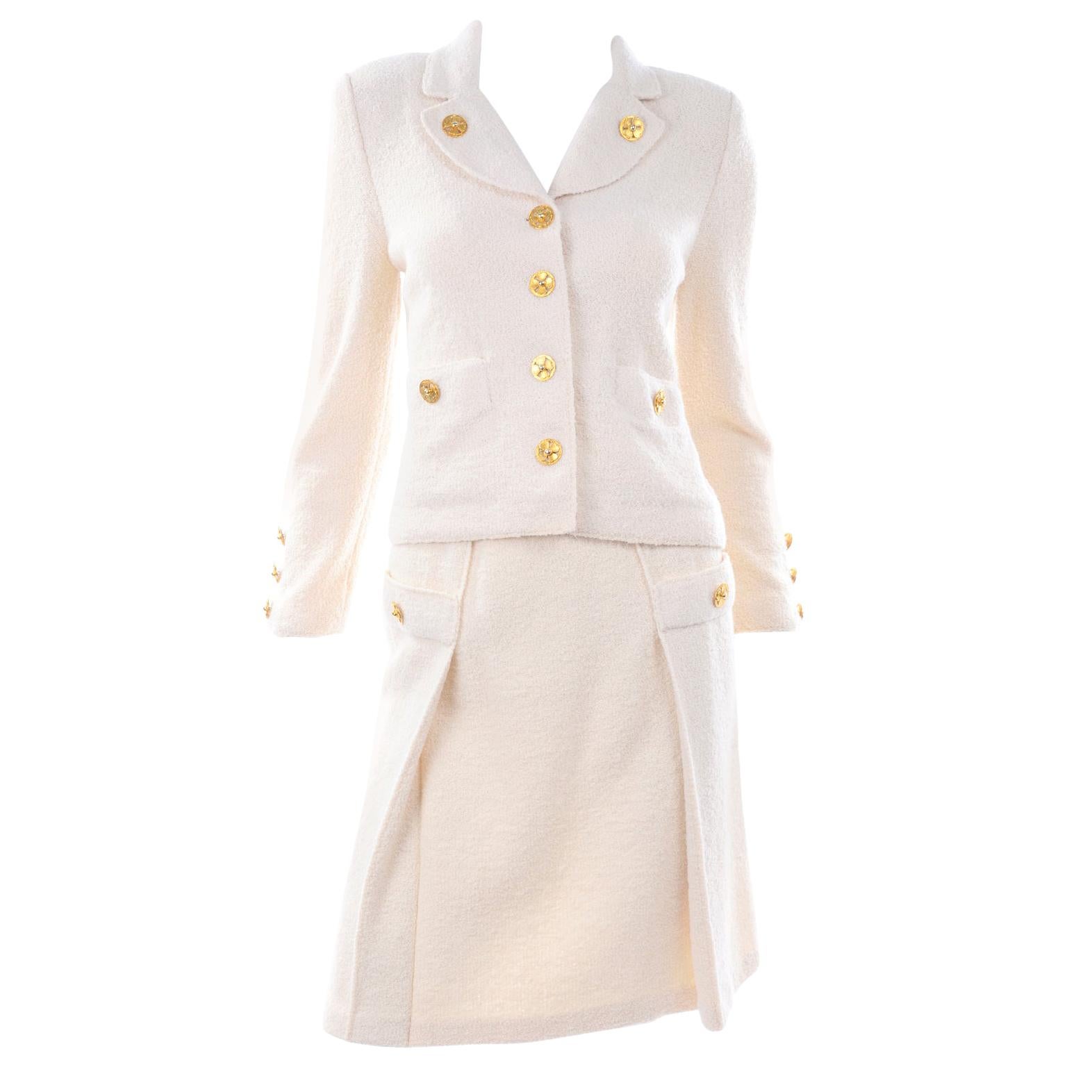 Adolfo Sardina Vintage Ivory Cream Knit Skirt & Jacket Suit Gold Clover Buttons