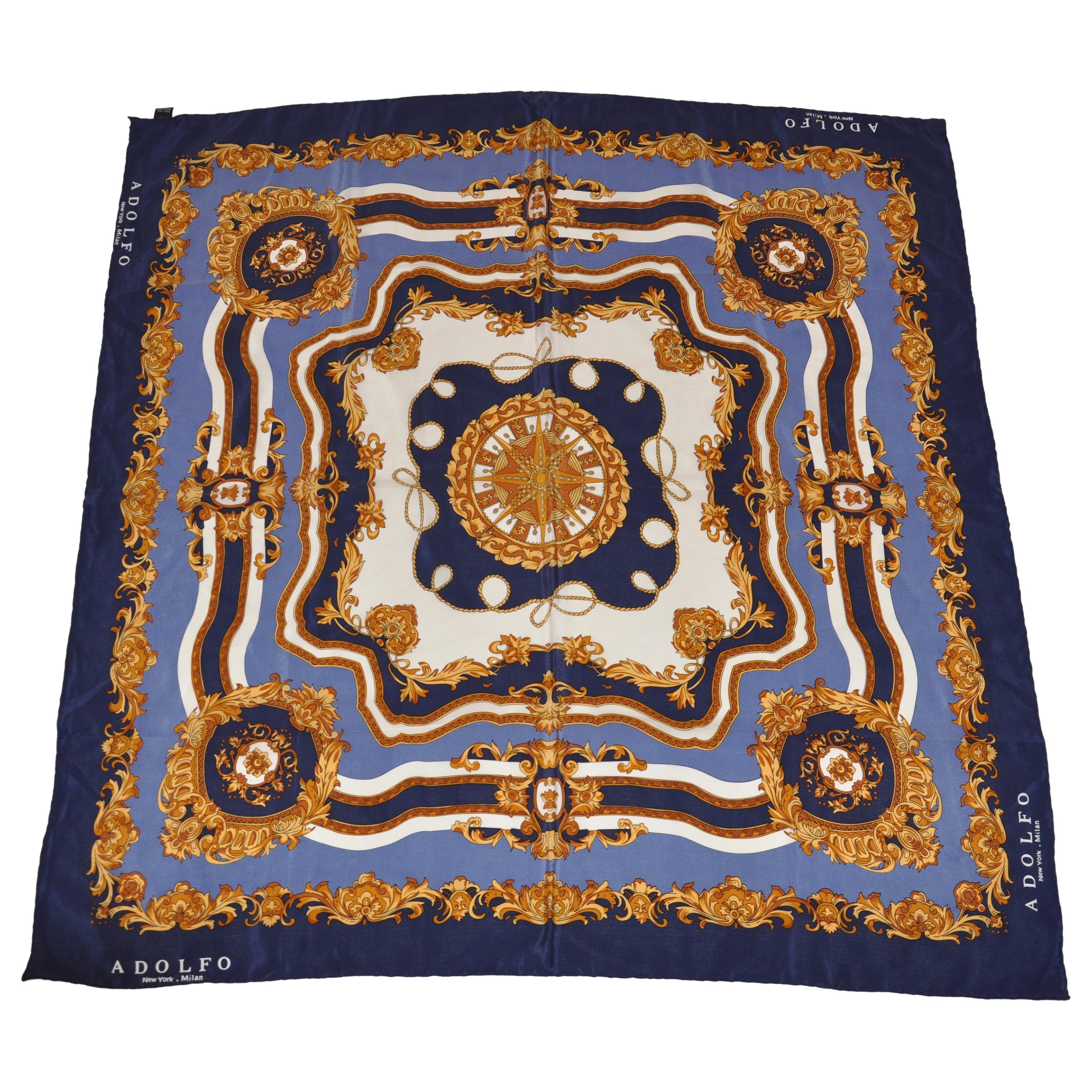 Adolfo Shades of Navy & Gold "Royal" Silk Scarf For Sale