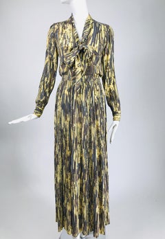 Adolfo Silk 3 pc. Set Print Shirt Pleated Maxi Skirt & Applique Sweater 1970s