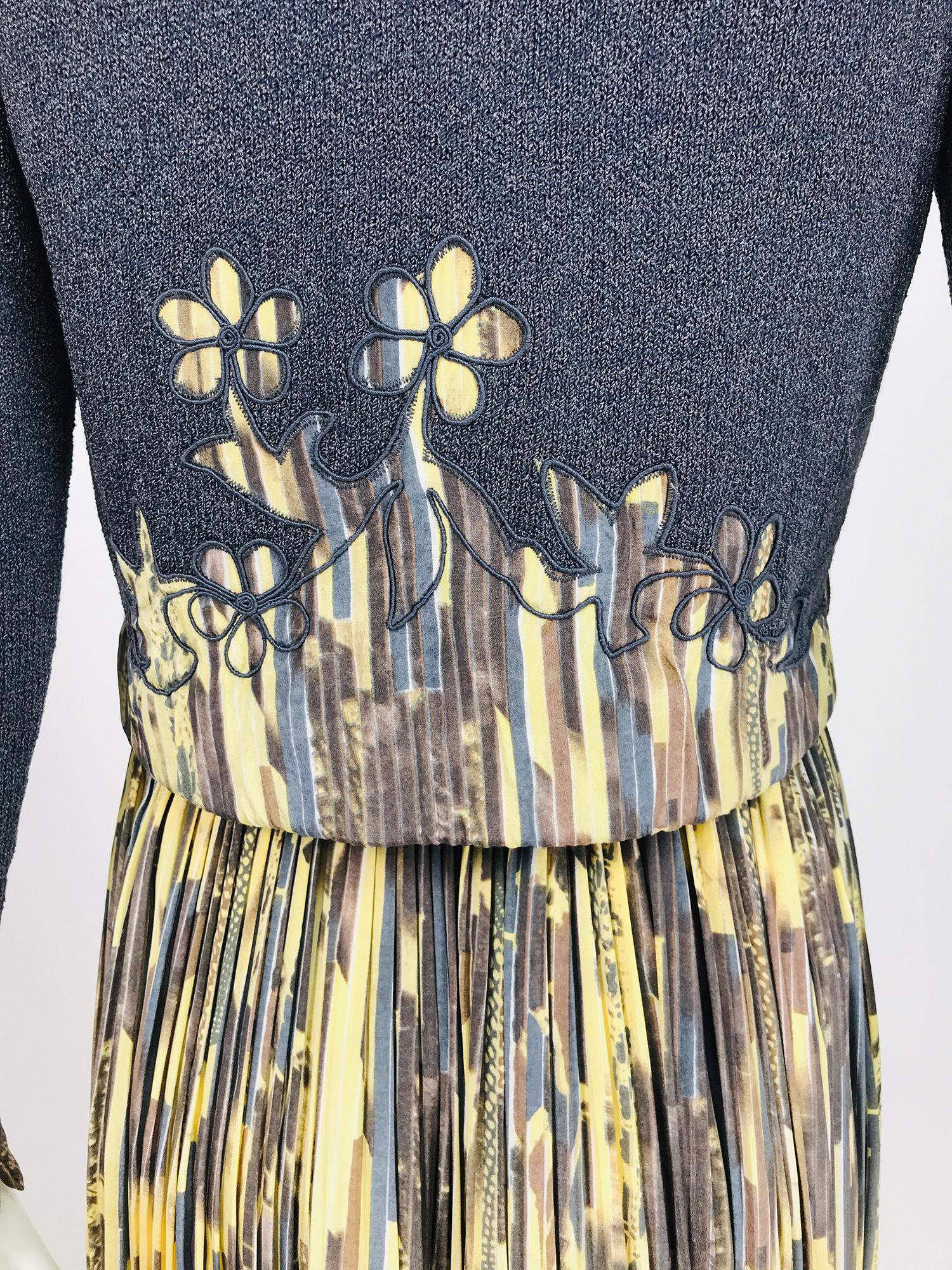Women's Adolfo Silk 3 pc. Set Print Shirt Pleated Maxi Skirt & Applique Sweater 1970s For Sale
