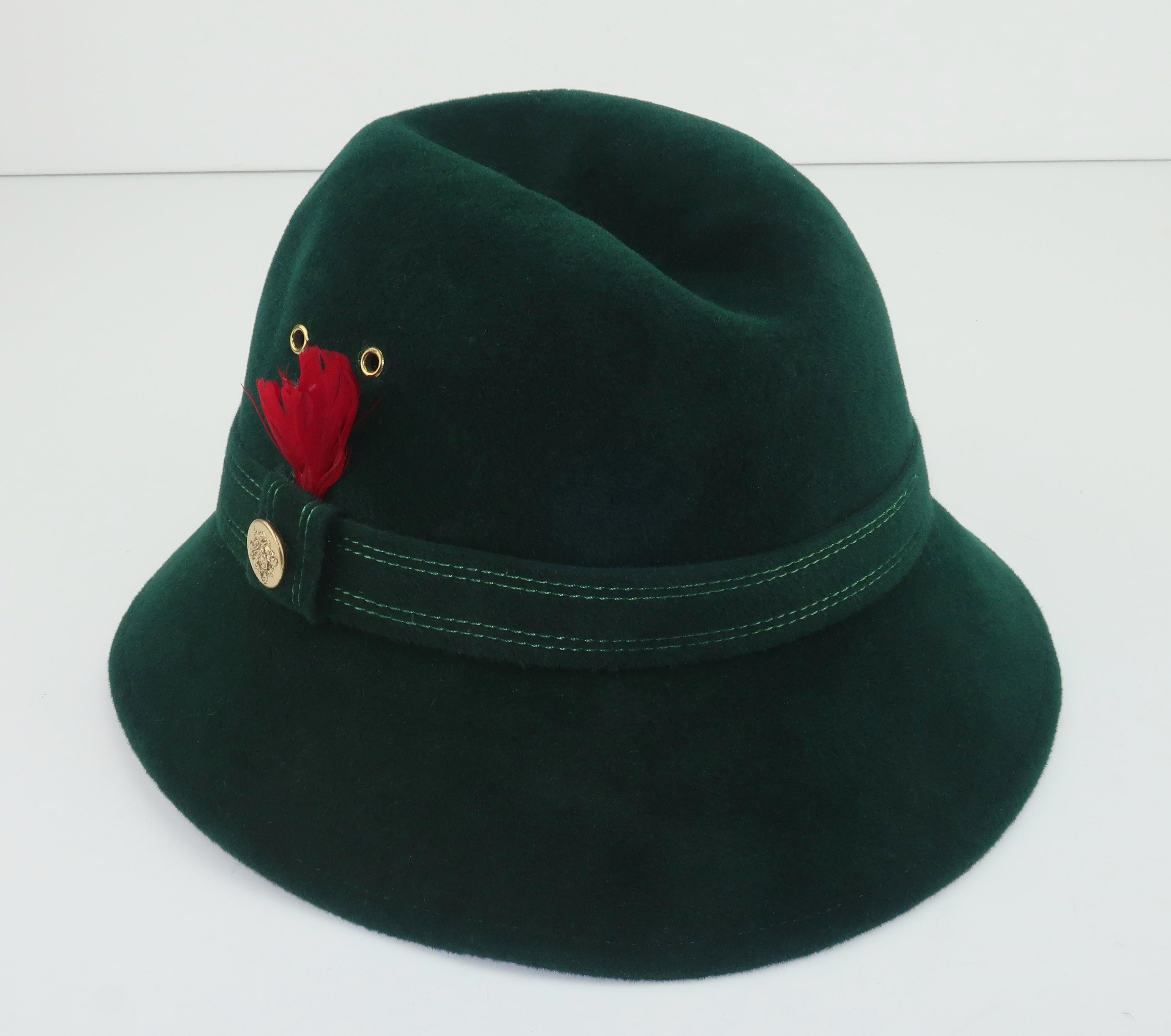 Adolfo Tyrolean Style Green Wool Felt Hat, C.1970 In Fair Condition In Atlanta, GA