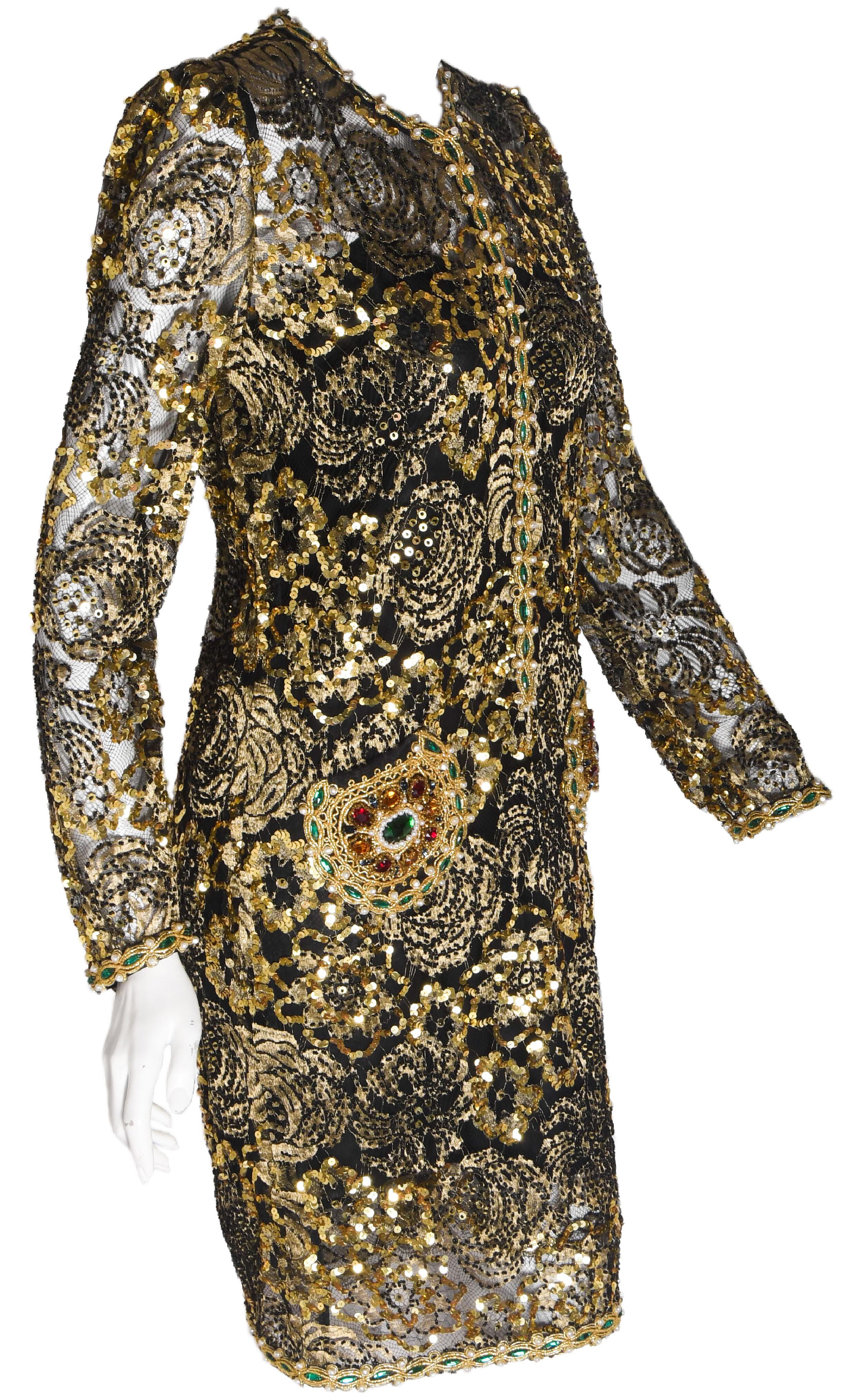 Adolfo 1980's vintage beaded gold lace and gold tone lace dress features faux pearls, beads and sequins in a floral pattern allover.  Look closely, dress has beaded gold thread trim, faux pearls and emerald green tone beads around neckline, cuffs,