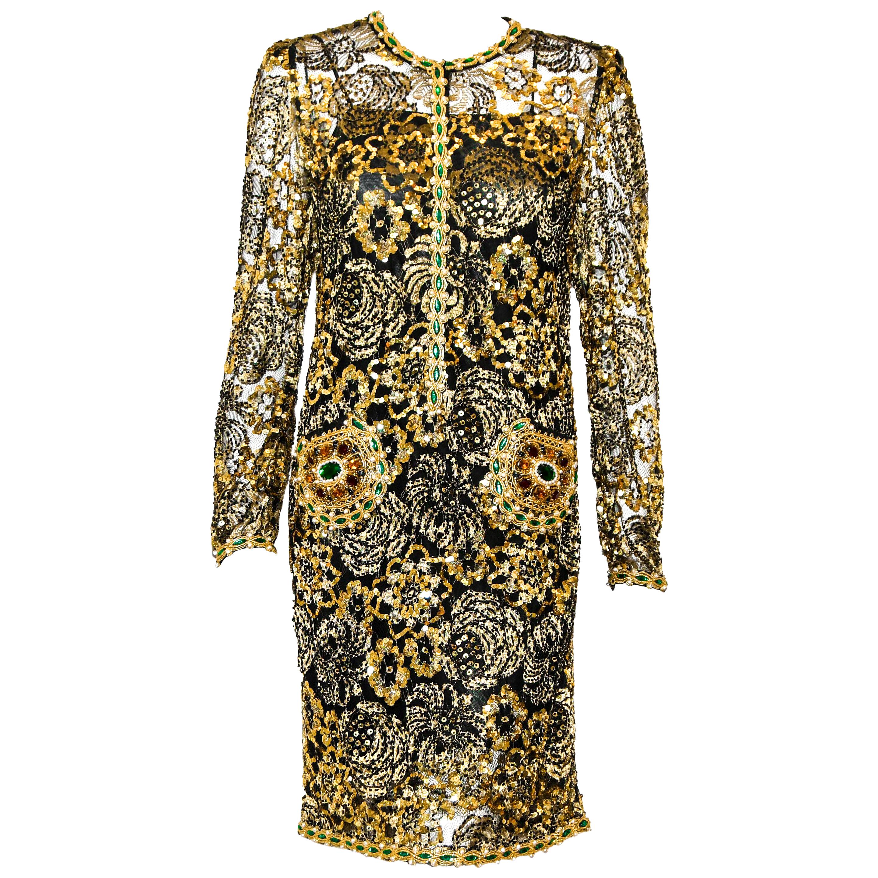 Adolfo Vintage Beaded Gold Sequin Dress & Black Lace Dress & Matching Silk Slip For Sale