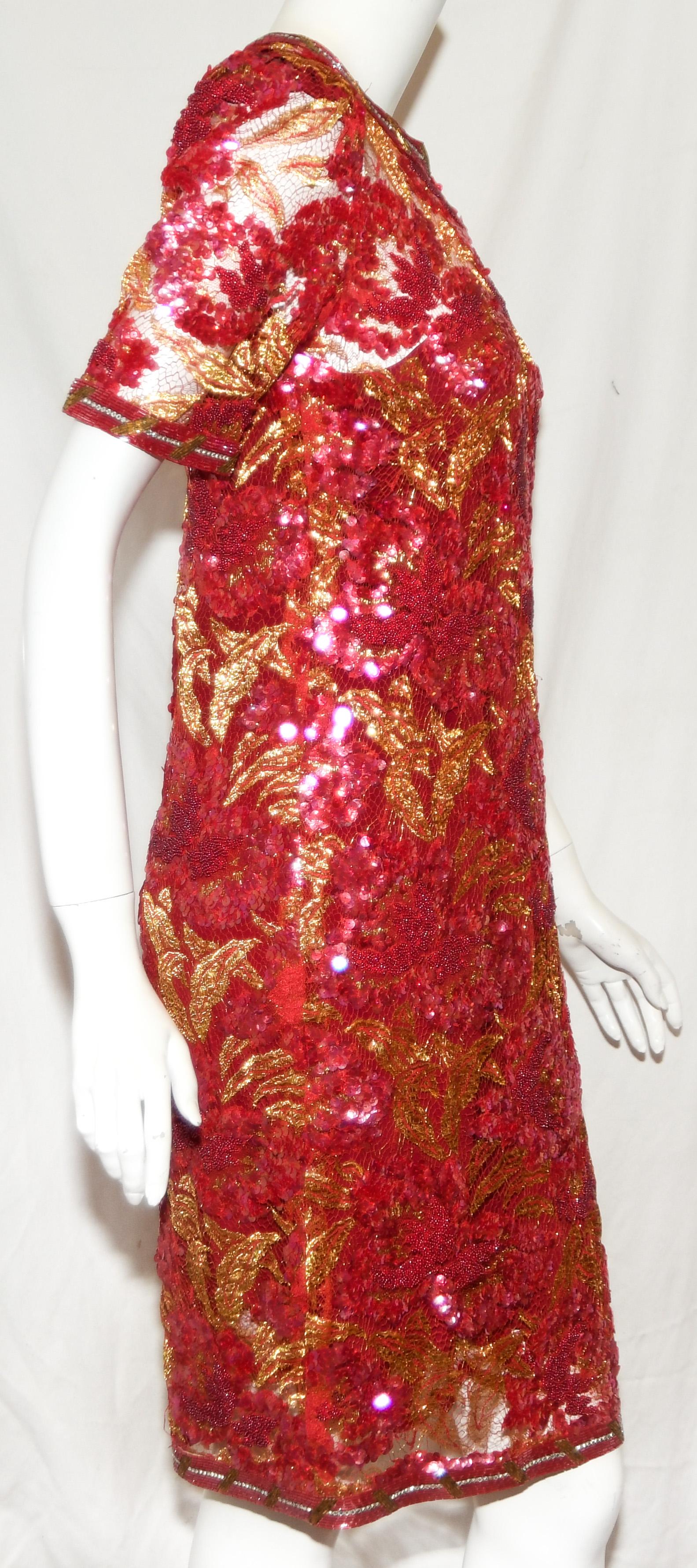 Adolfo Vintage 1980's Beaded Red Lace Dress with Matching Silk Slip In Excellent Condition For Sale In Palm Beach, FL
