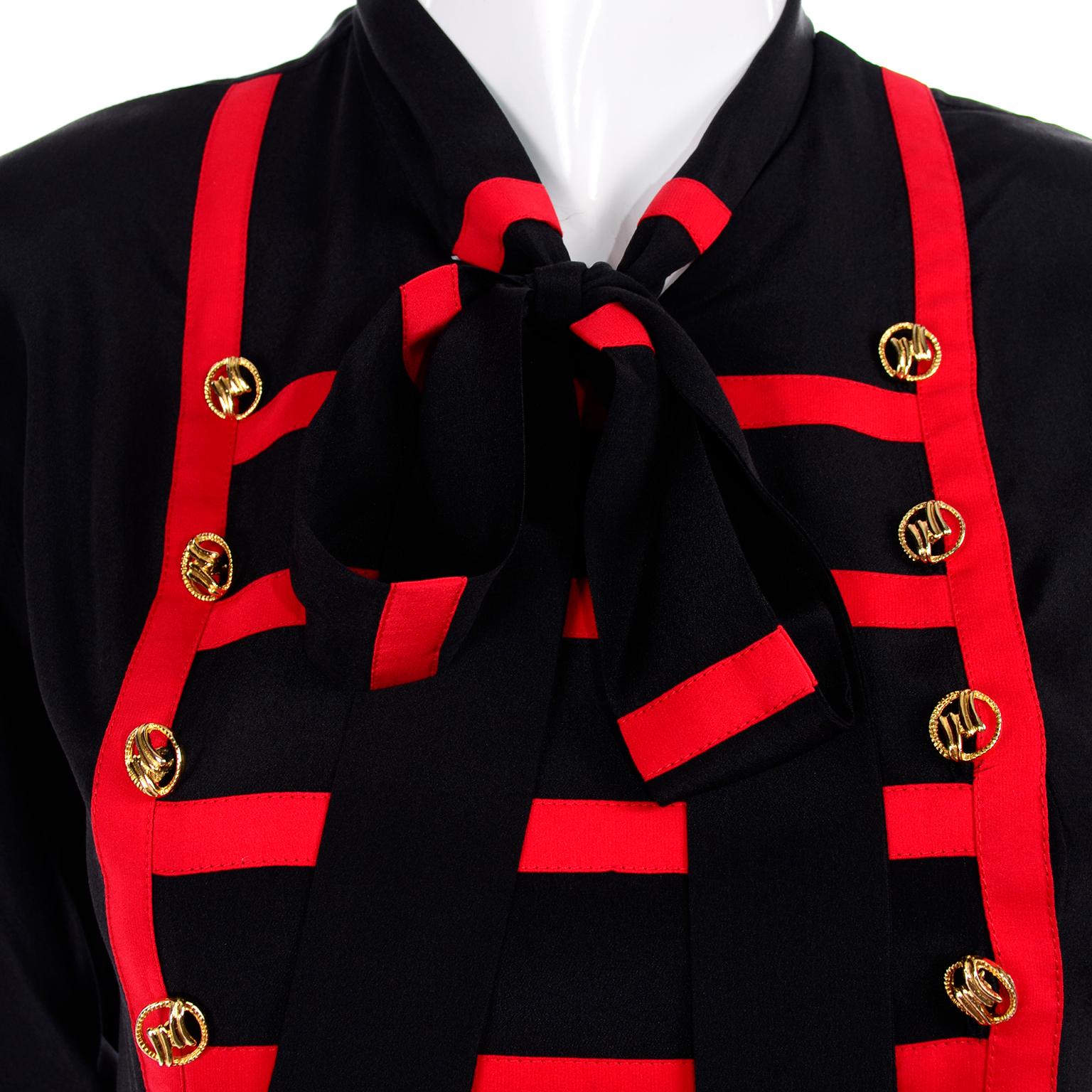 Women's Adolfo Vintage Black Silk Blouse w Red Stripes Bandleader Style w/ Gold Buttons