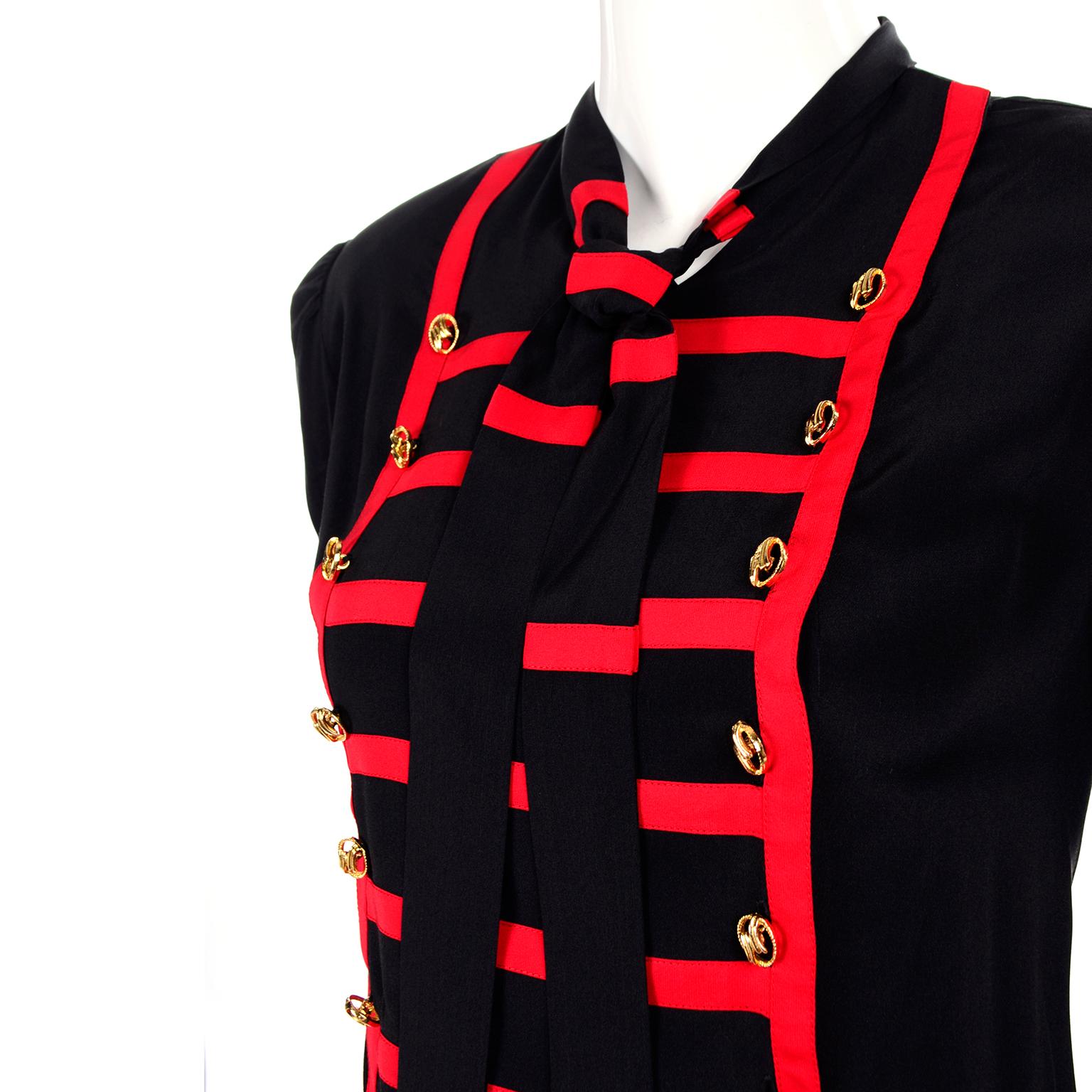 Adolfo Vintage Black Silk Blouse w Red Stripes Bandleader Style w/ Gold Buttons 2