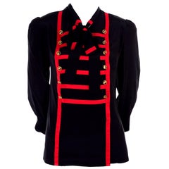 Adolfo Vintage Black Silk Blouse w Red Stripes Bandleader Style w/ Gold Buttons