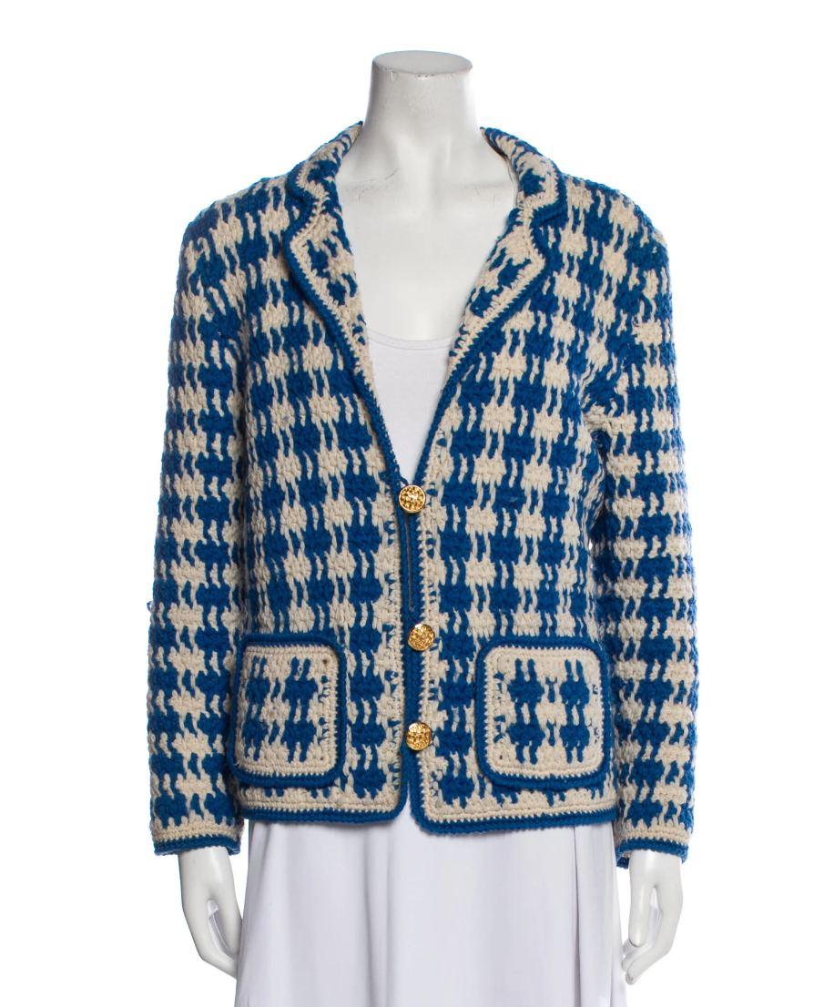 Adolfo Vintage Evening Blue Checked Knitted Jacket, 1980s 1