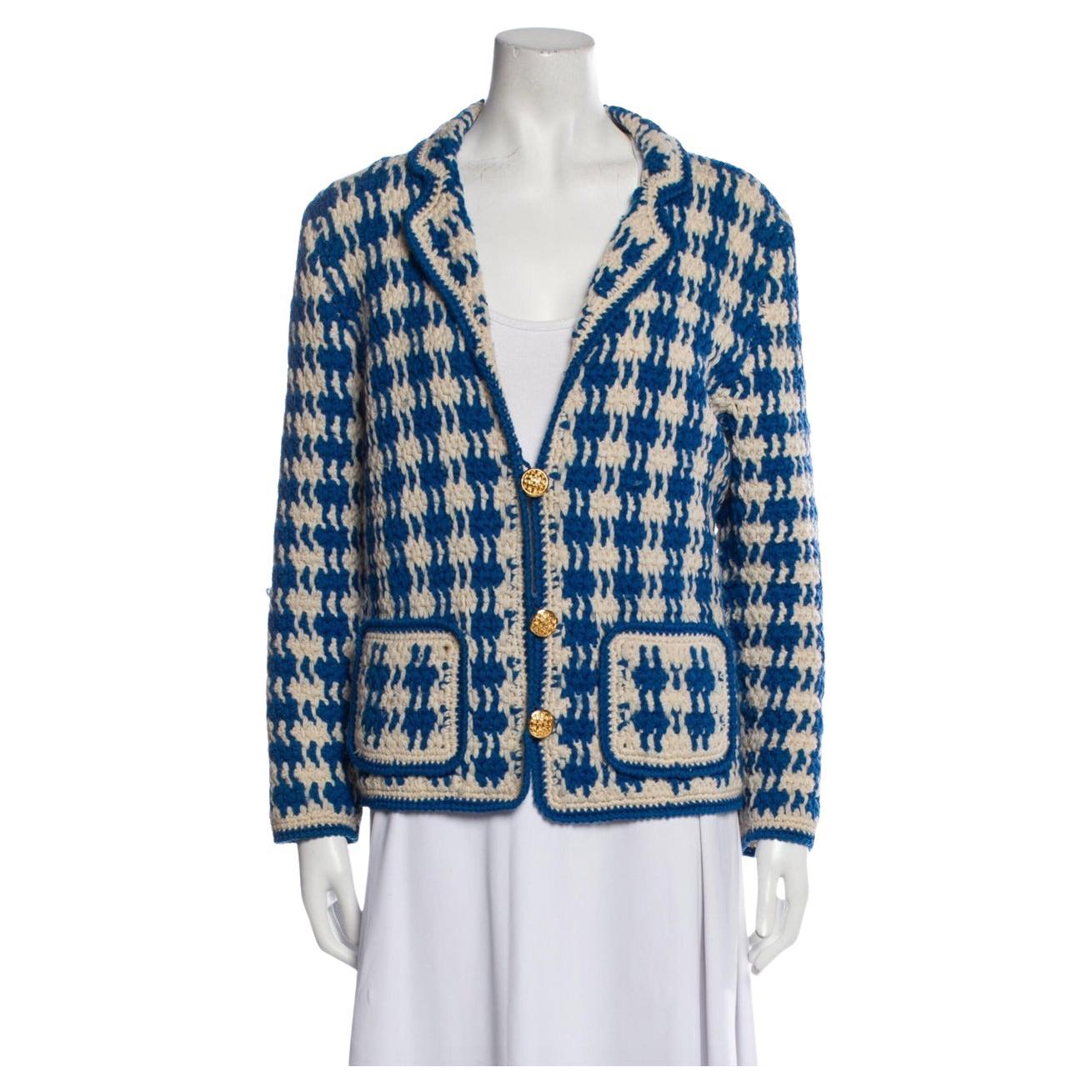 Adolfo Vintage Evening Blue Checked Knitted Jacket, 1980s