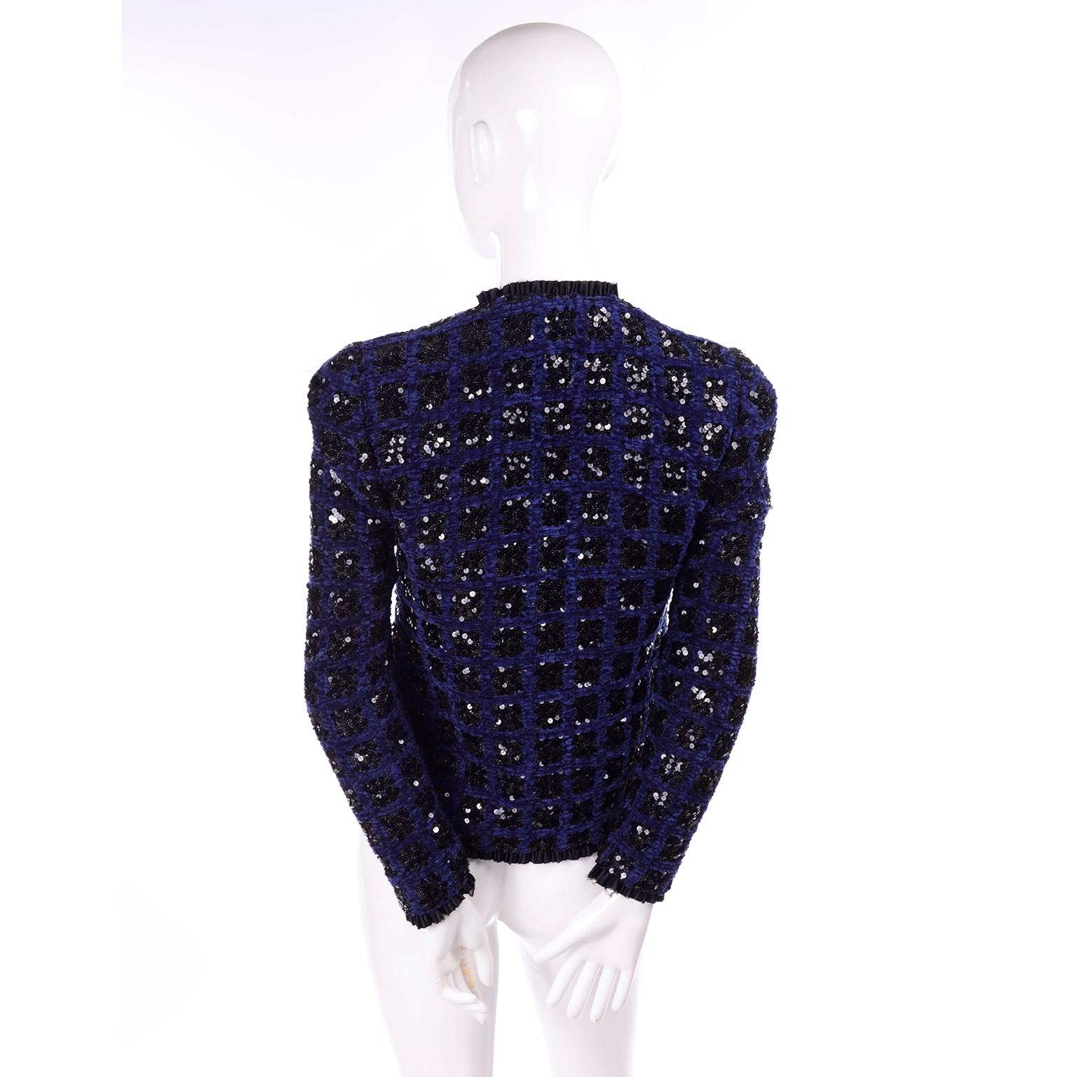 Adolfo Vintage Evening Jacket in Blue Chenille With Black Sequins  In Excellent Condition For Sale In Portland, OR