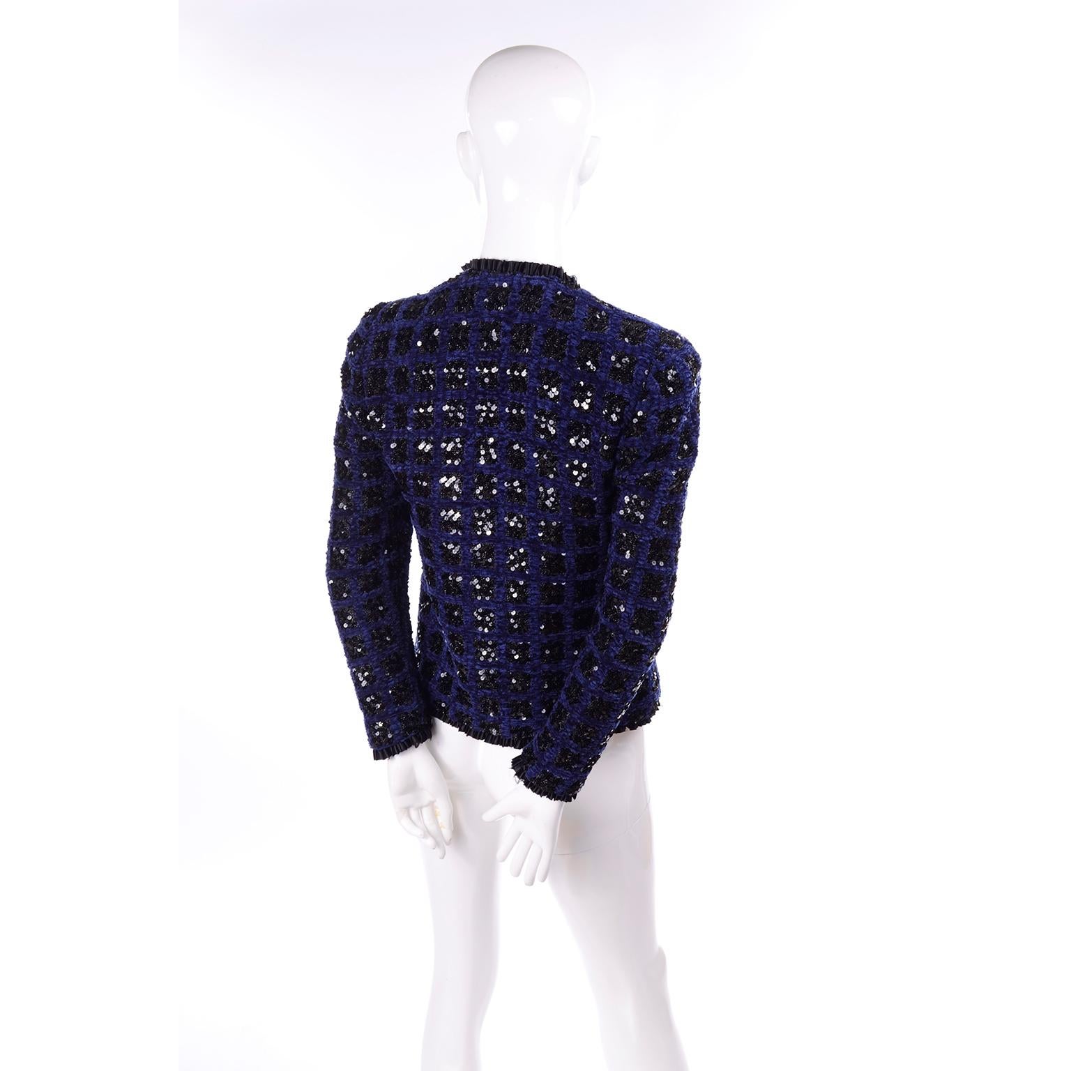 Women's Adolfo Vintage Evening Jacket in Blue Chenille With Black Sequins  For Sale