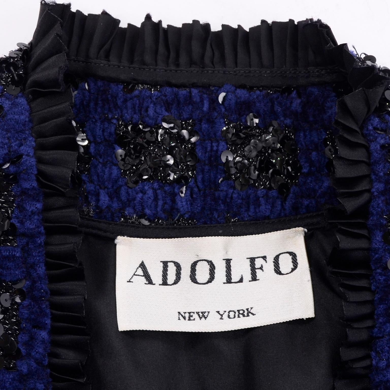 Adolfo Vintage Evening Jacket in Blue Chenille With Black Sequins  For Sale 3