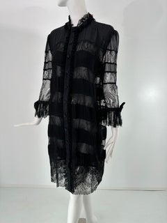 Adolfo Vintage Sheer Black Organza & Black Lace Stripe Shirt Dress 1970s