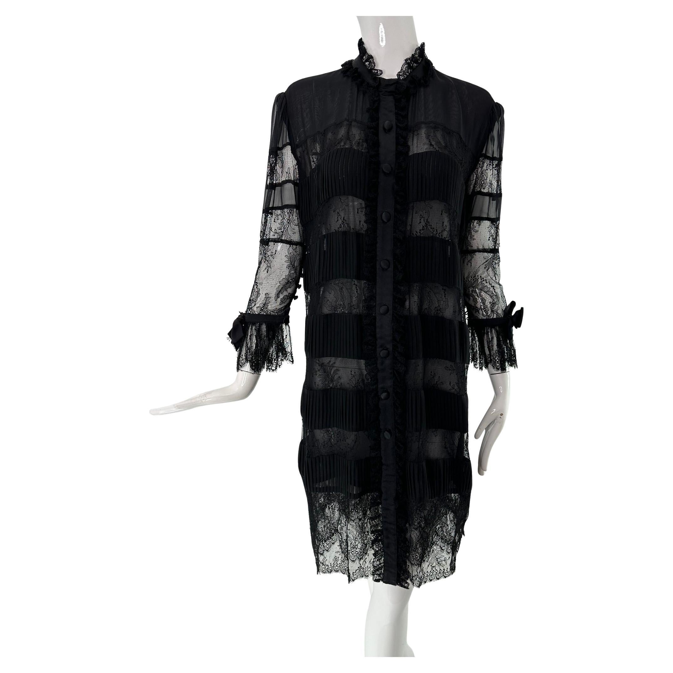 Adolfo Vintage Sheer Black Organza & Black Lace Stripe Shirt Dress 1970s
