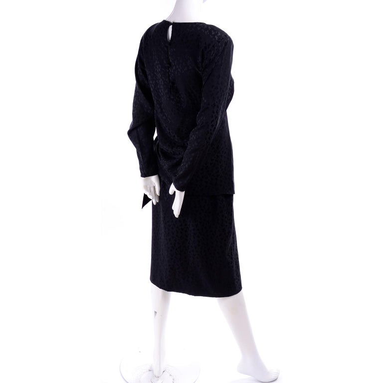 Adolfo Vintage Silk Tone on Tone Leopard Print Black Dress With Draping ...