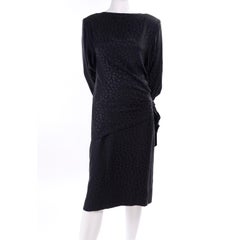 Adolfo Vintage Silk Tonal Leopard Print Black Dress With Draping