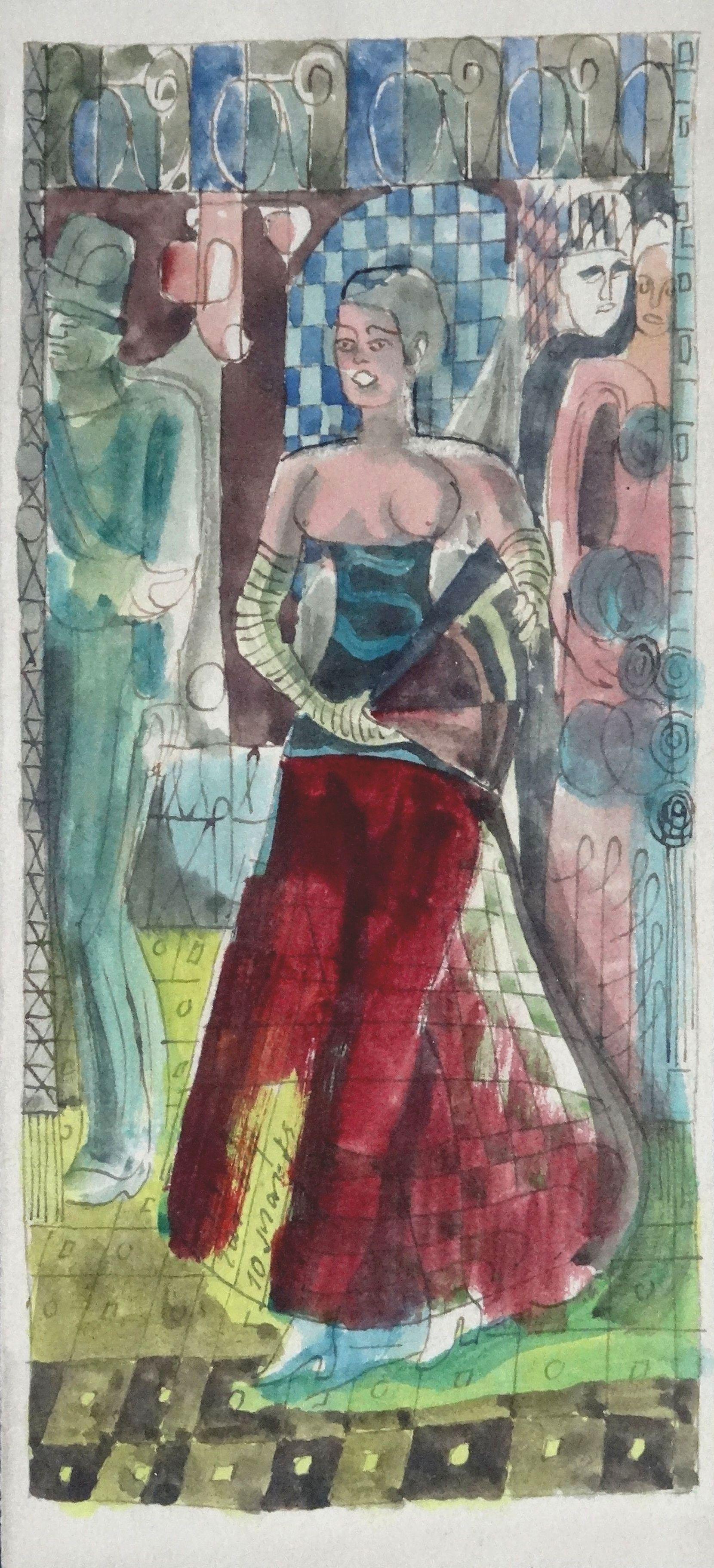 Archaic dancer. 1933, paper, mixed media, 20x9.5 cm - Painting by Adolfs Zardins