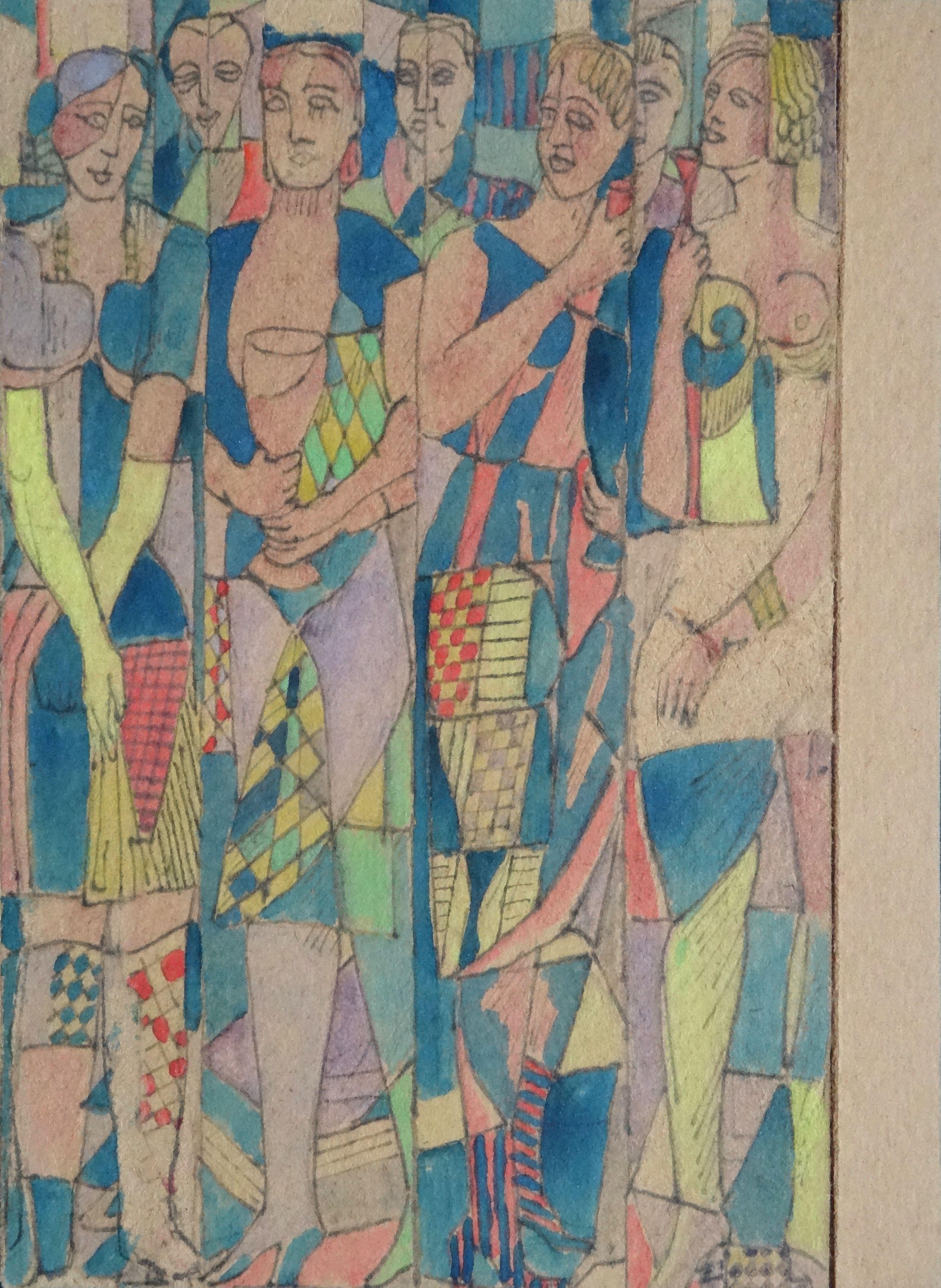 Quattro donne con marionette. 1947, carta, tecnica mista, 16,3x11 cm - Painting di Adolfs Zardins