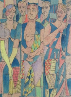 Vintage Four women with puppets. 1947, paper, mixed media, 16.3x11 cm