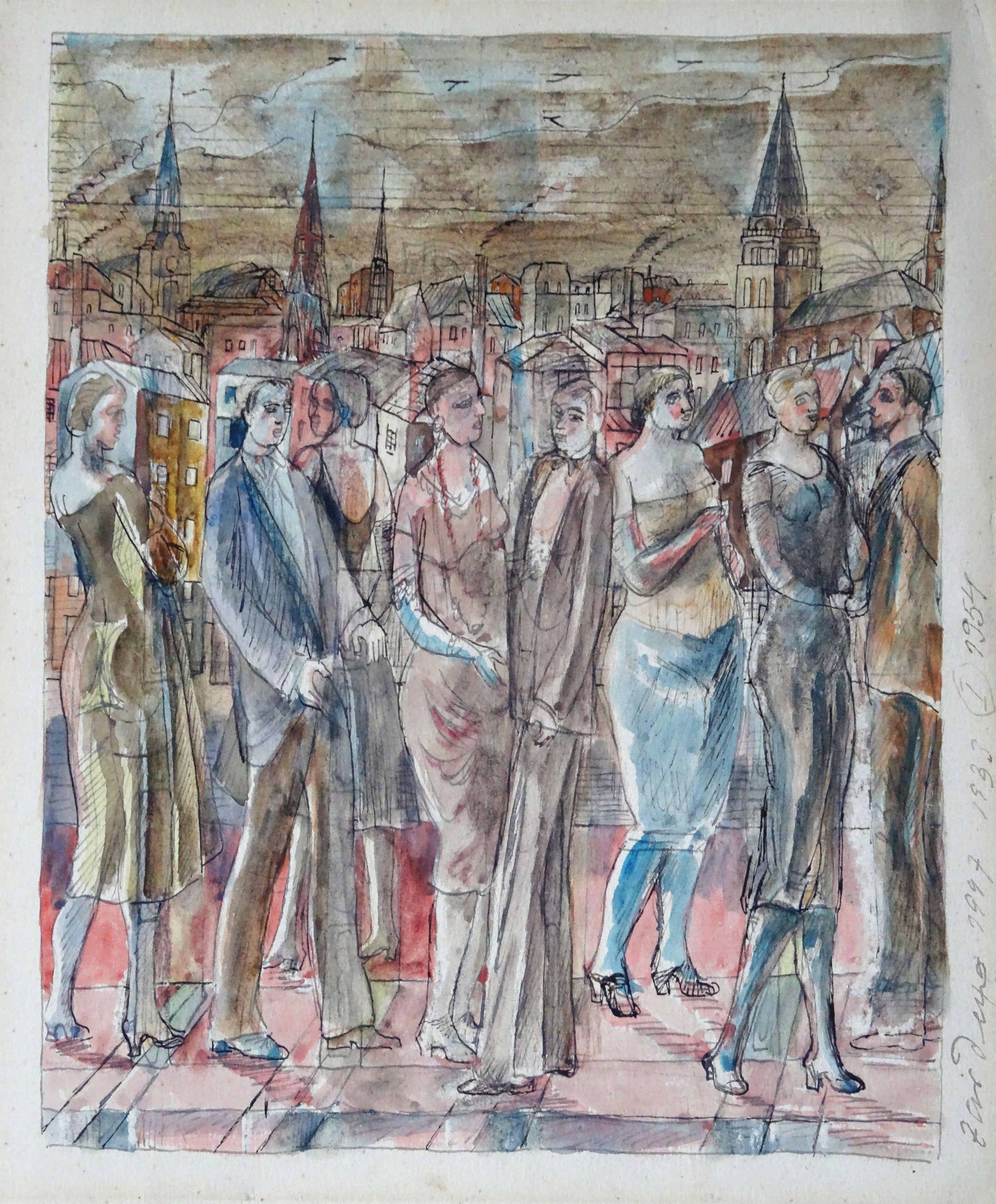 Overflight over the city. 1947, paper, mixed media, 23x20 cm - Painting by Adolfs Zardins