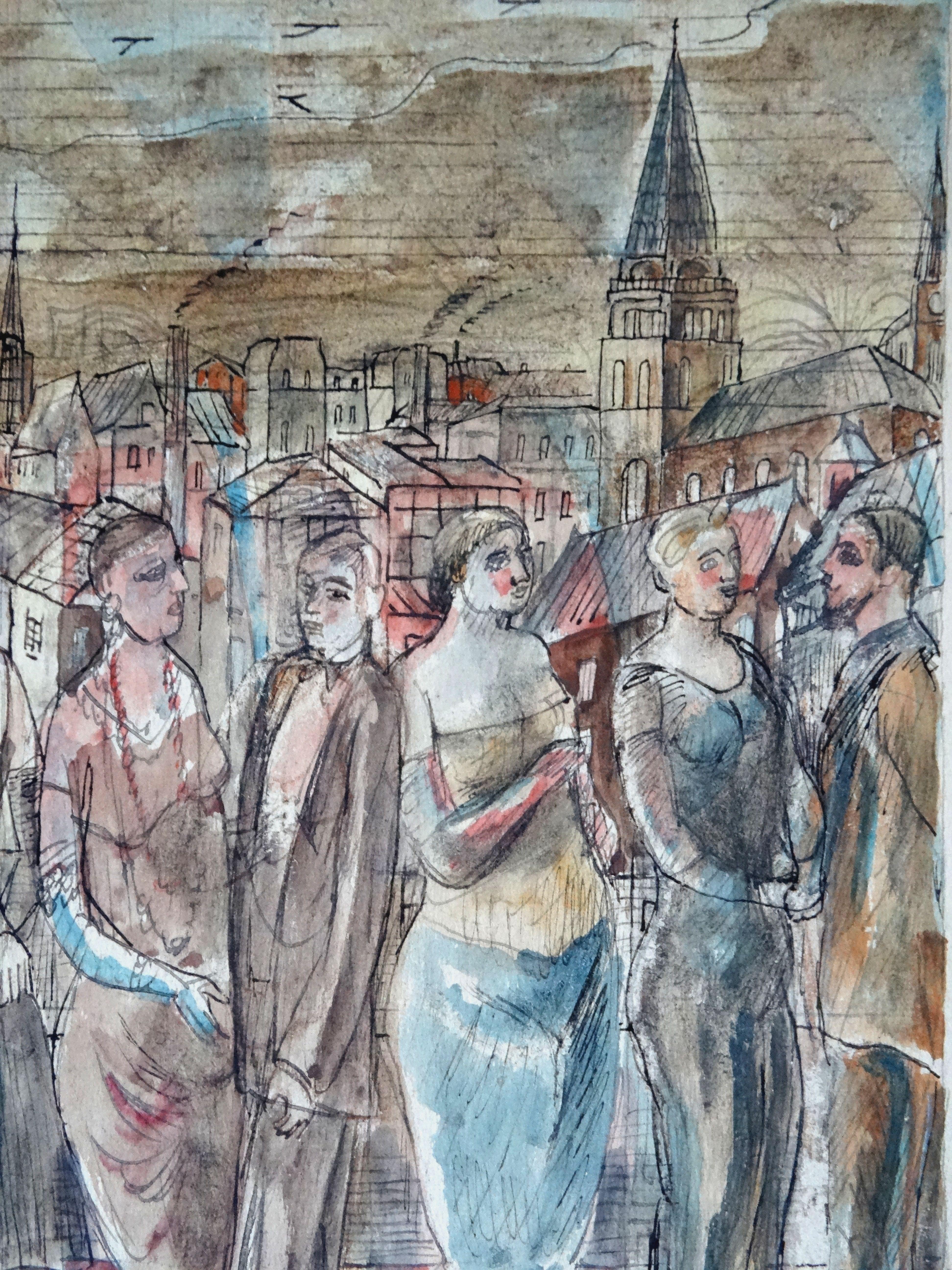 Overflight over the city. 1947, paper, mixed media, 23x20 cm - Gray Figurative Painting by Adolfs Zardins