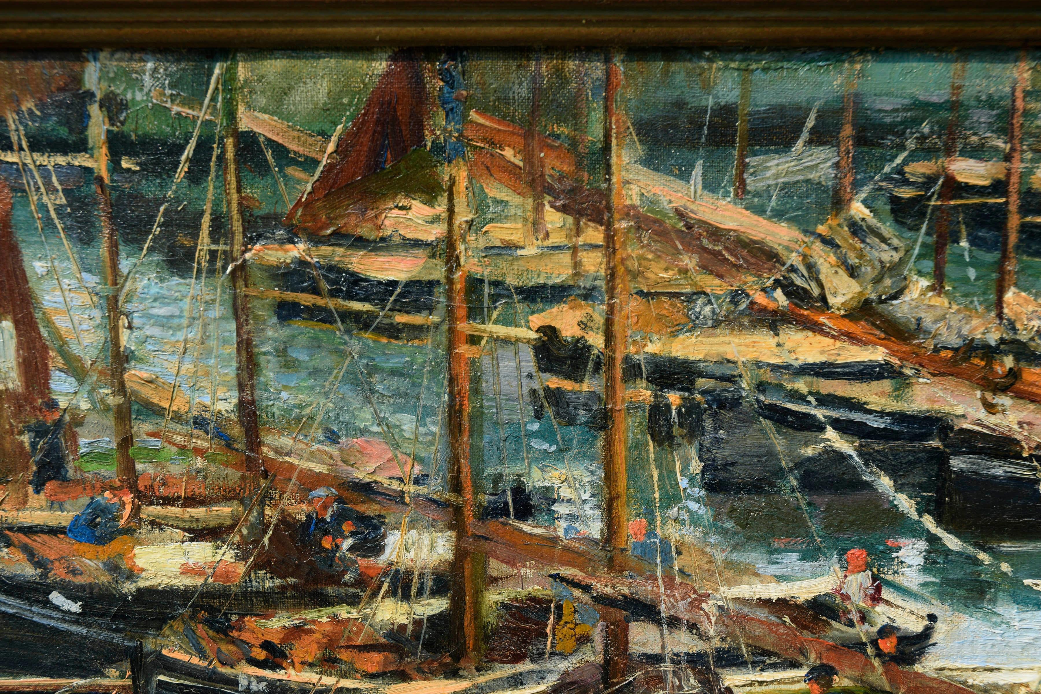 Seltene kornische Hafen-Fischboot-Landschaft des frühen 20. Jahrhunderts 1910 (Impressionismus), Painting, von Adolph Brougier