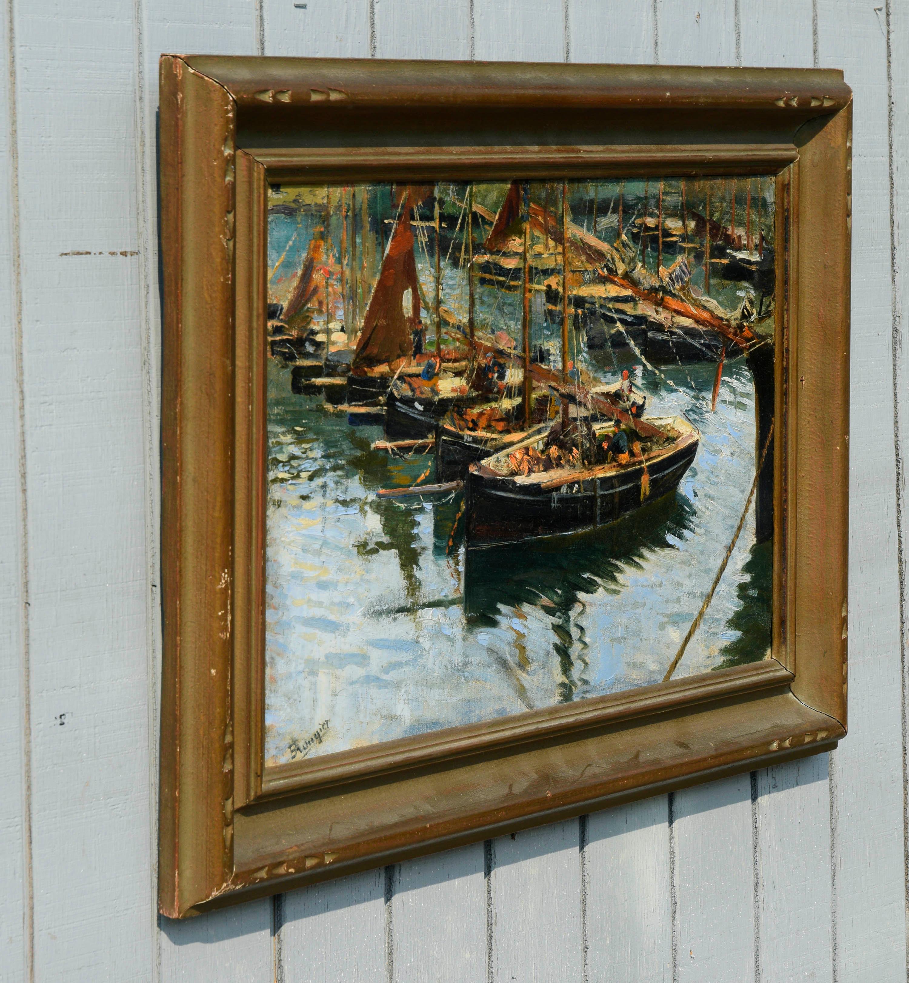 Rare paysage de bateaux de pêche dans un port de Cornouailles du début du 20e siècle, 1910 - Noir Figurative Painting par Adolph Brougier