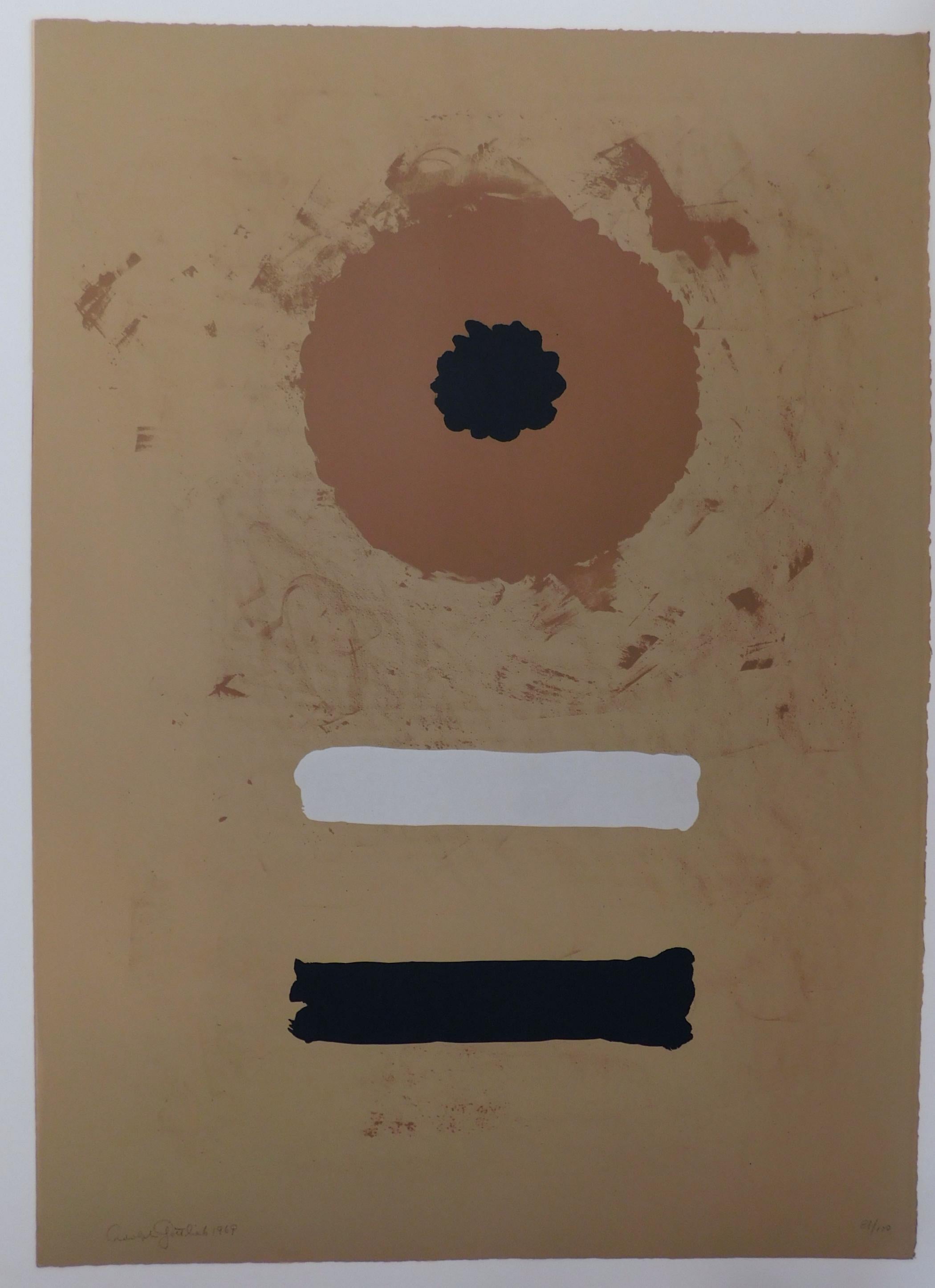 Original color lithograph by noted American Abstract Expressionist Adolph Gottlieb (1903 - 1974). 
It is hand-signed in pencil lower left and dated ‘69 and hand-numbered lower right 81/100 in pencil.
Title: Two Bars. 29