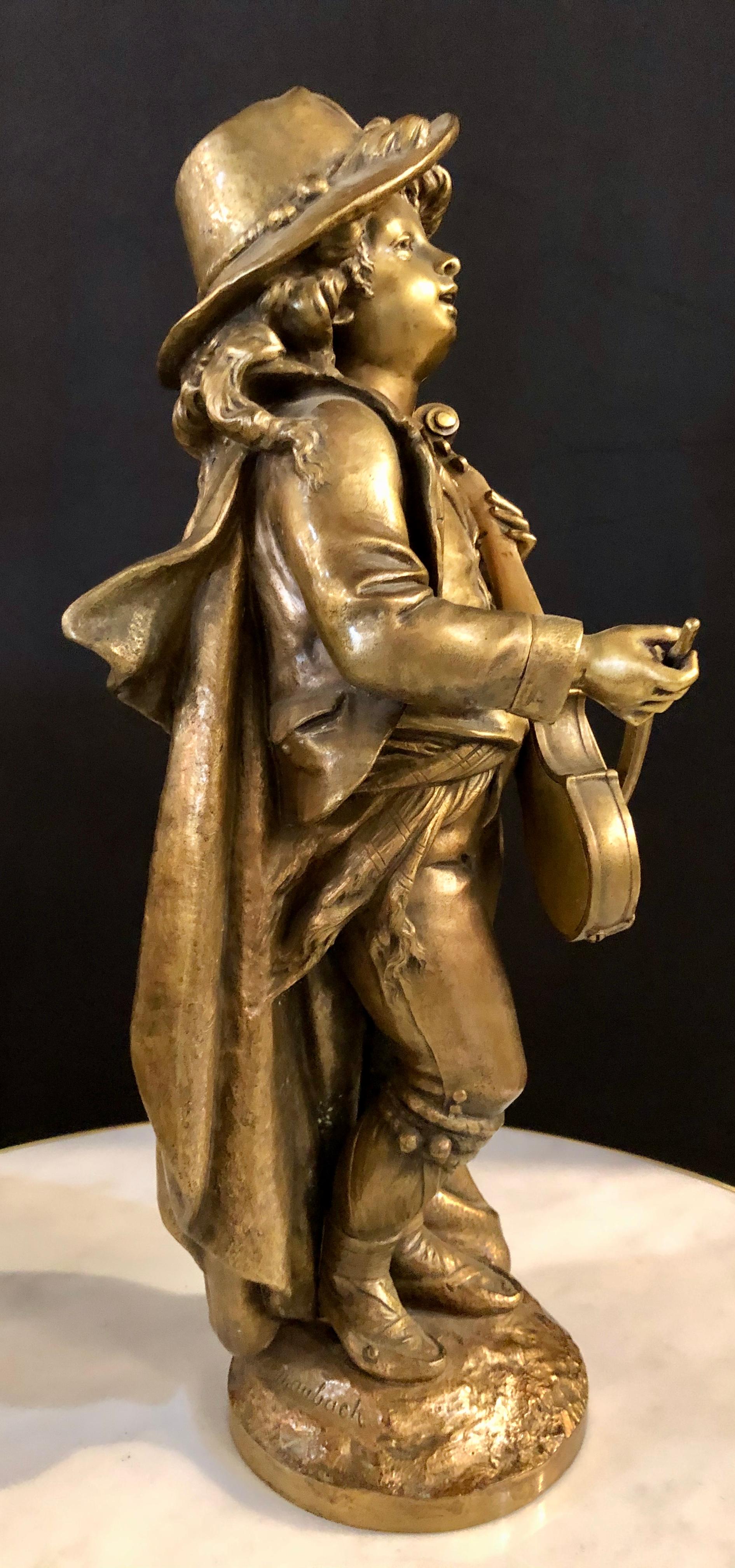 Sculpture en bronze d'un jeune violoniste signée par Adolph Maubach:: 19e siècle 3