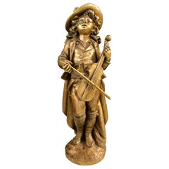 Sculpture en bronze d'un jeune violoniste signée par Adolph Maubach:: 19e siècle