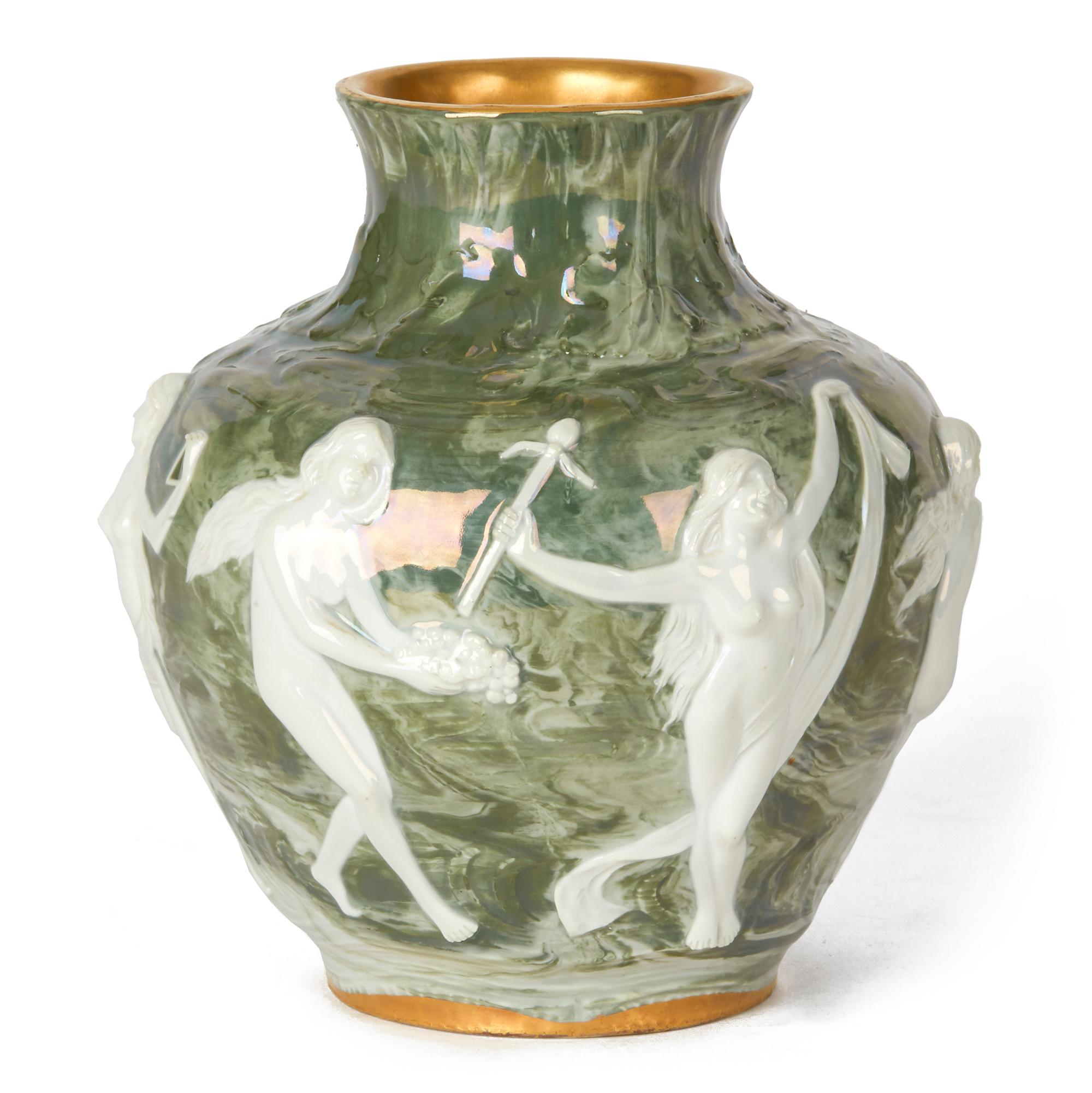 Glazed Adolph Oppel Kronach Art Nouveau Pottery Vase with Maidens, circa 1900 For Sale