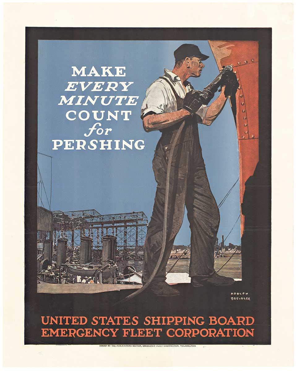Affiche vintage originale de la Première Guerre mondiale « Make Every Minute Count for Pershiping » (Faire un compte pour chaque minute)