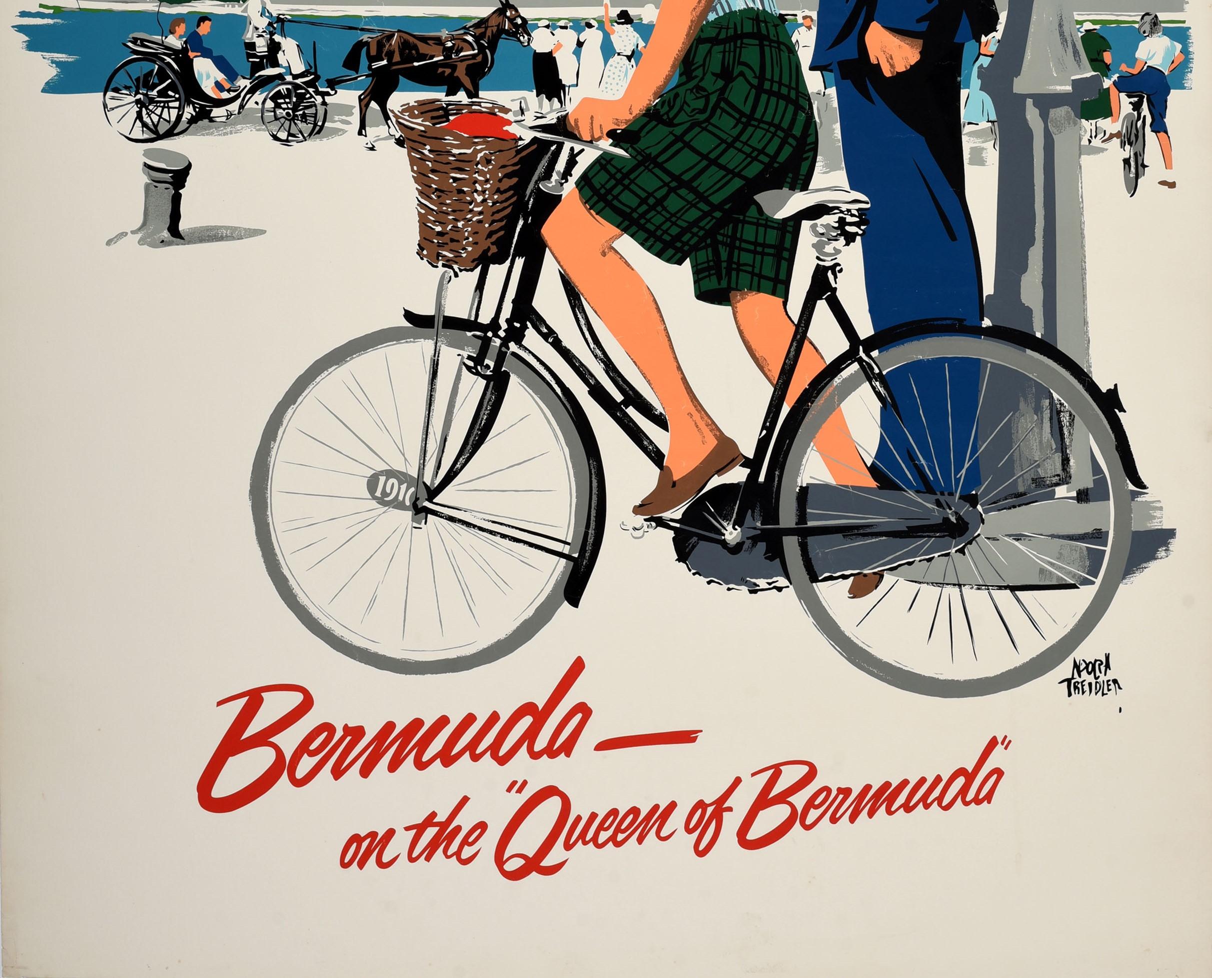 Original Vintage Cruise Travel Poster Queen Of Bermuda Ship Horse Ride Cycling - Beige Print by Adolph Treidler