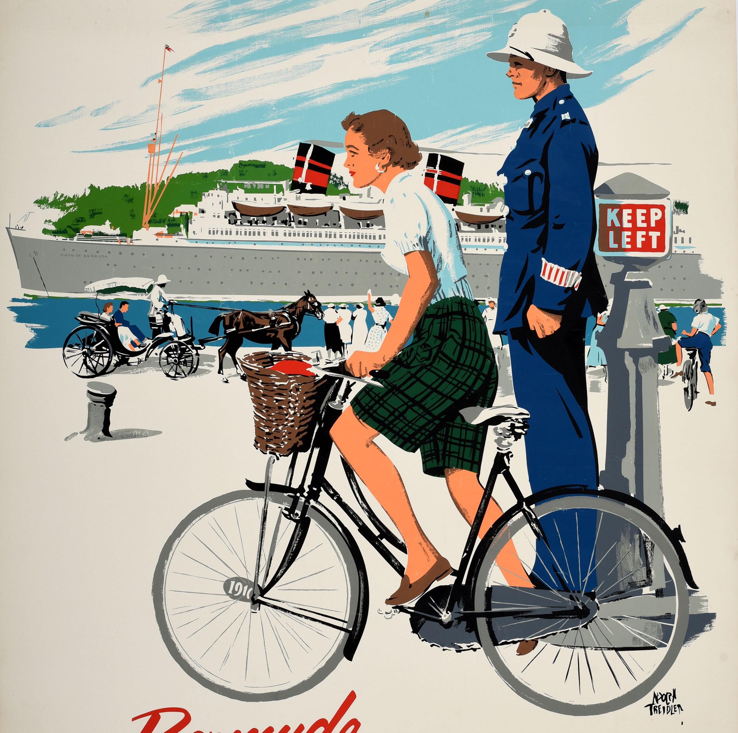 Original vintage travel poster for Bermuda - on the Queen of Bermuda. Scenic design by Adolph Treidler (1886-1981) featuring a lady wearing green chequered shorts riding a bicycle next to a policeman standing by a Keep Left notice, a couple enjoying