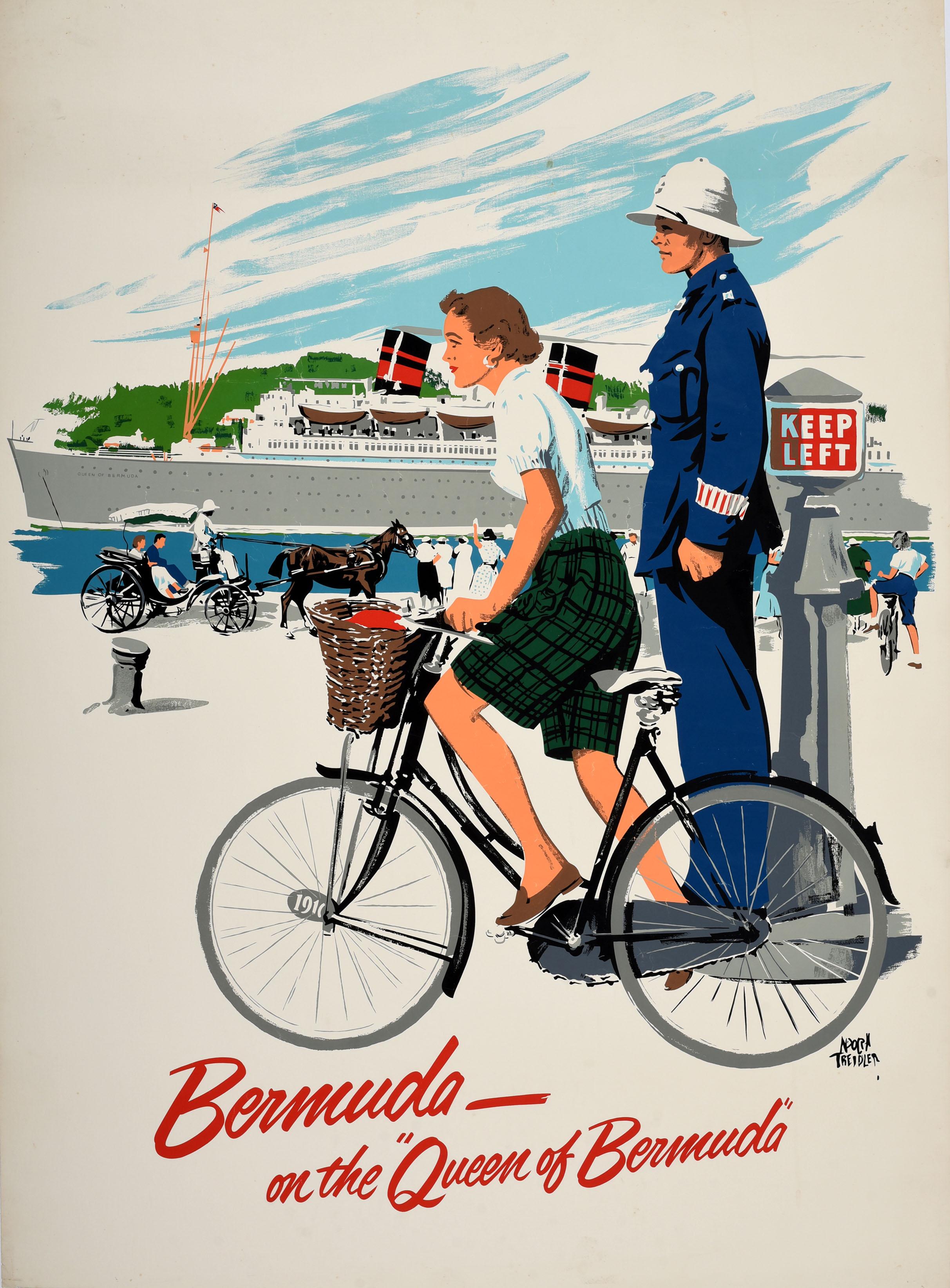 Adolph Treidler Print - Original Vintage Cruise Travel Poster Queen Of Bermuda Ship Horse Ride Cycling