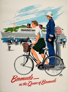 Affiche rétro originale de voyage de croisière Reine de Bermude, cheval sur un bateau, cyclisme