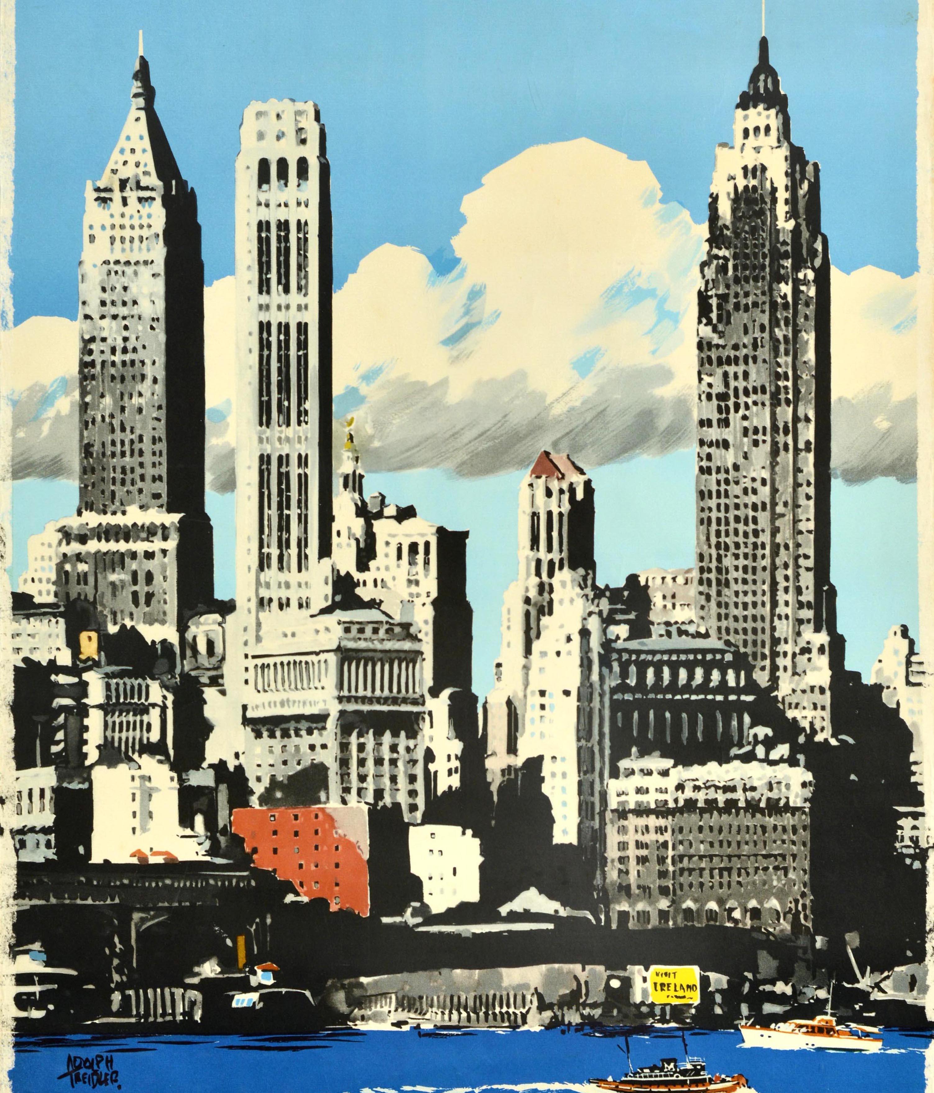 Original vintage travel advertising poster for the USA by Aer Lingus Irish International Airlines featuring an illustration of New York skyscrapers rising into the blue sky with boats on the water and the Aer Lingus shamrock logo and text below.