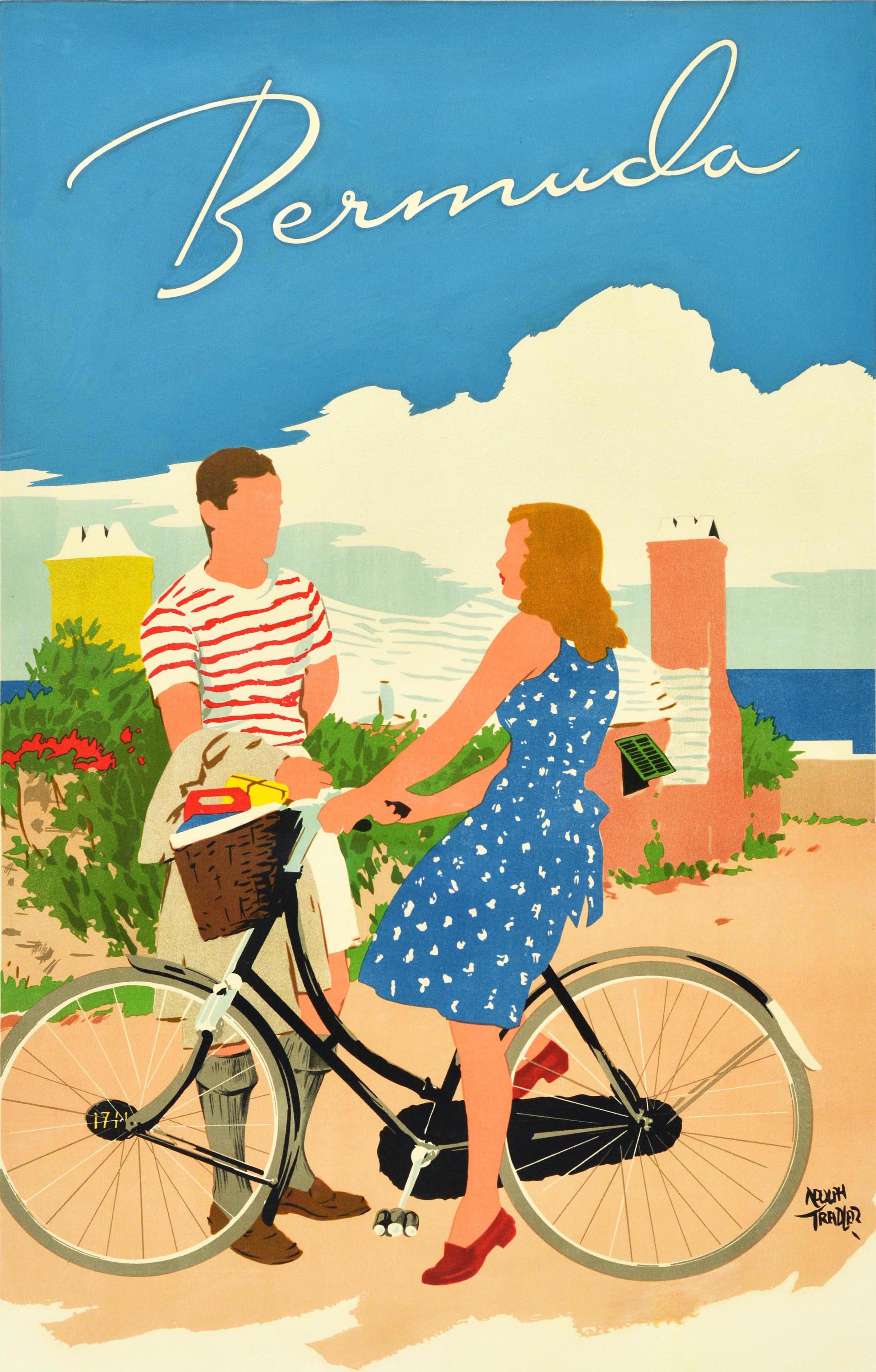 Original vintage travel poster for Bermuda featuring a colourful illustration by the American artist Adolph Treidler (1886-1981) depicting a lady wearing a blue and white summer dress and standing on her bicycle to talk with a man in a red and white