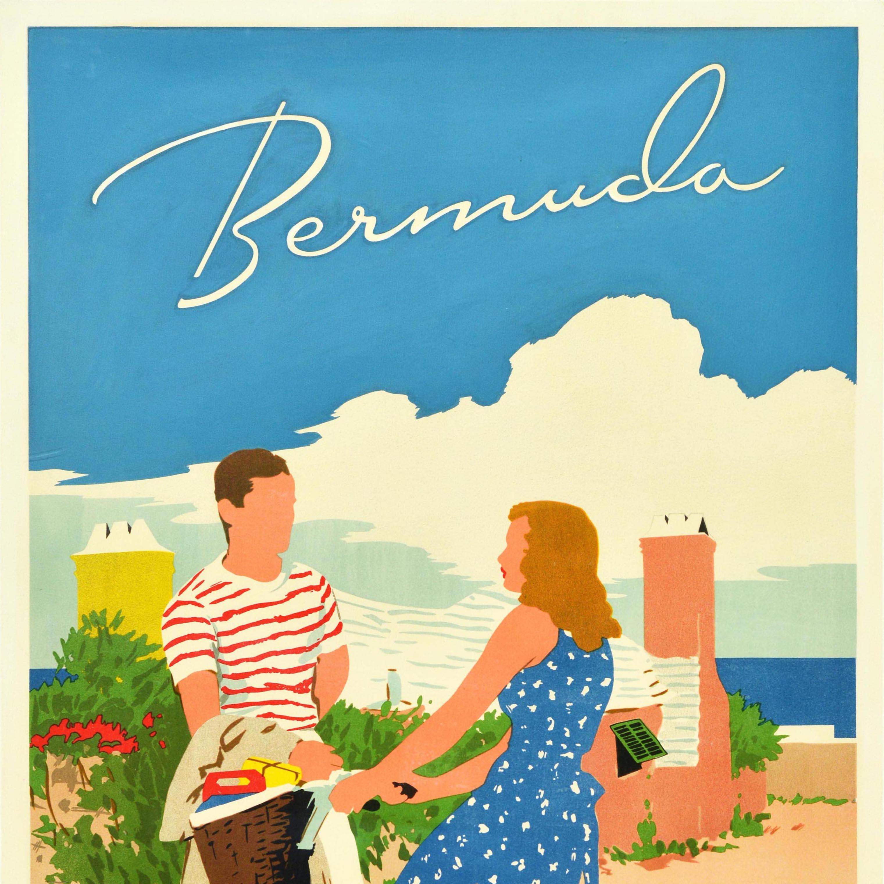 Original Vintage Travel Poster Bermuda Adolph Treidler Hamilton Bicycle Beach  1