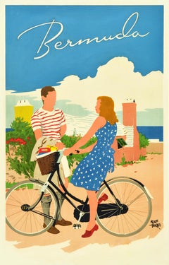 Original Vintage Travel Poster Bermuda Adolph Treidler Hamilton Bicycle Beach 