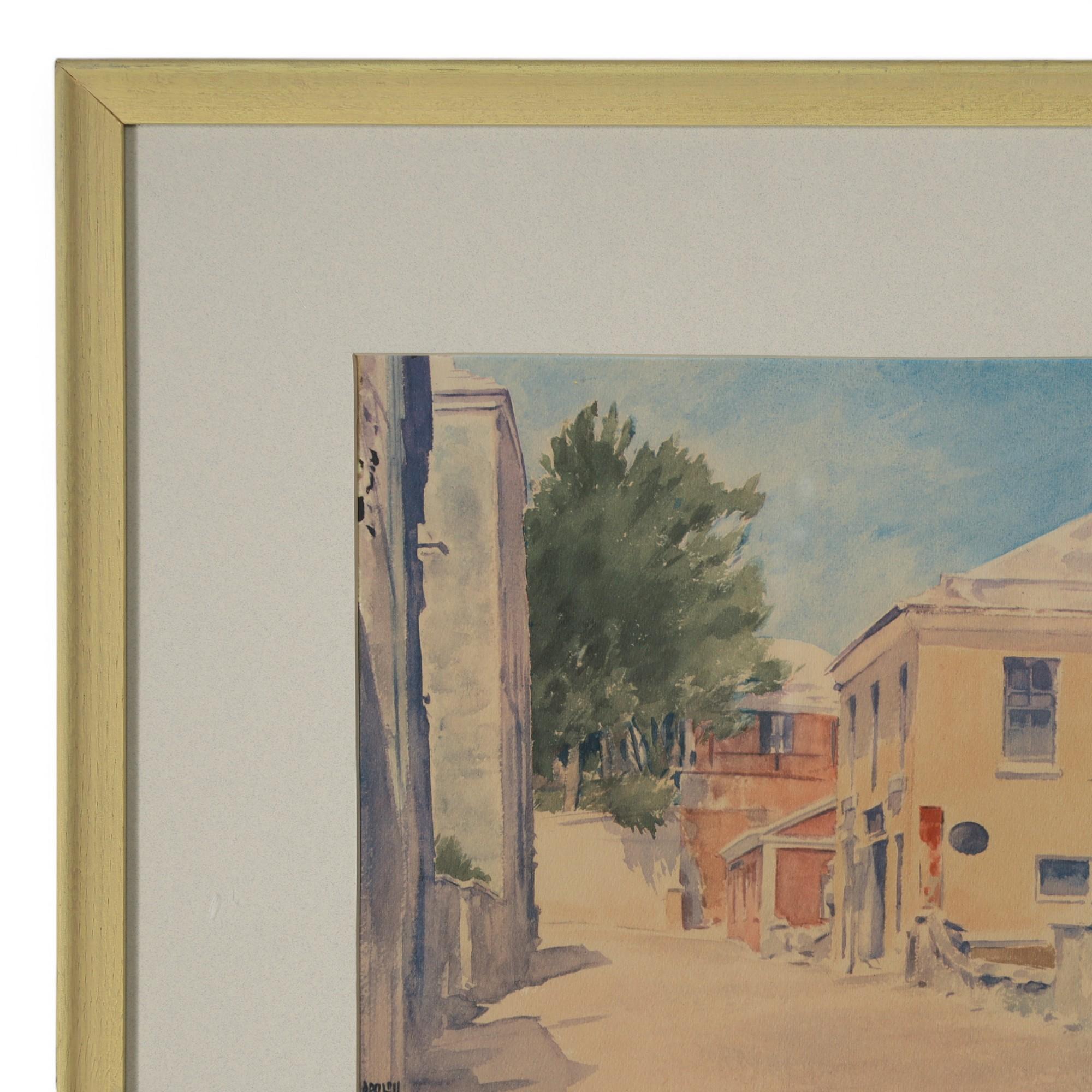 On a bright sunny day on Victoria street in Hamilton Bermuda some time ago noted artist Adolph Treidler painted this watercolor on paper, executed in a loose, impressionist style, signed in the lower left and presented under glass in a painted wood