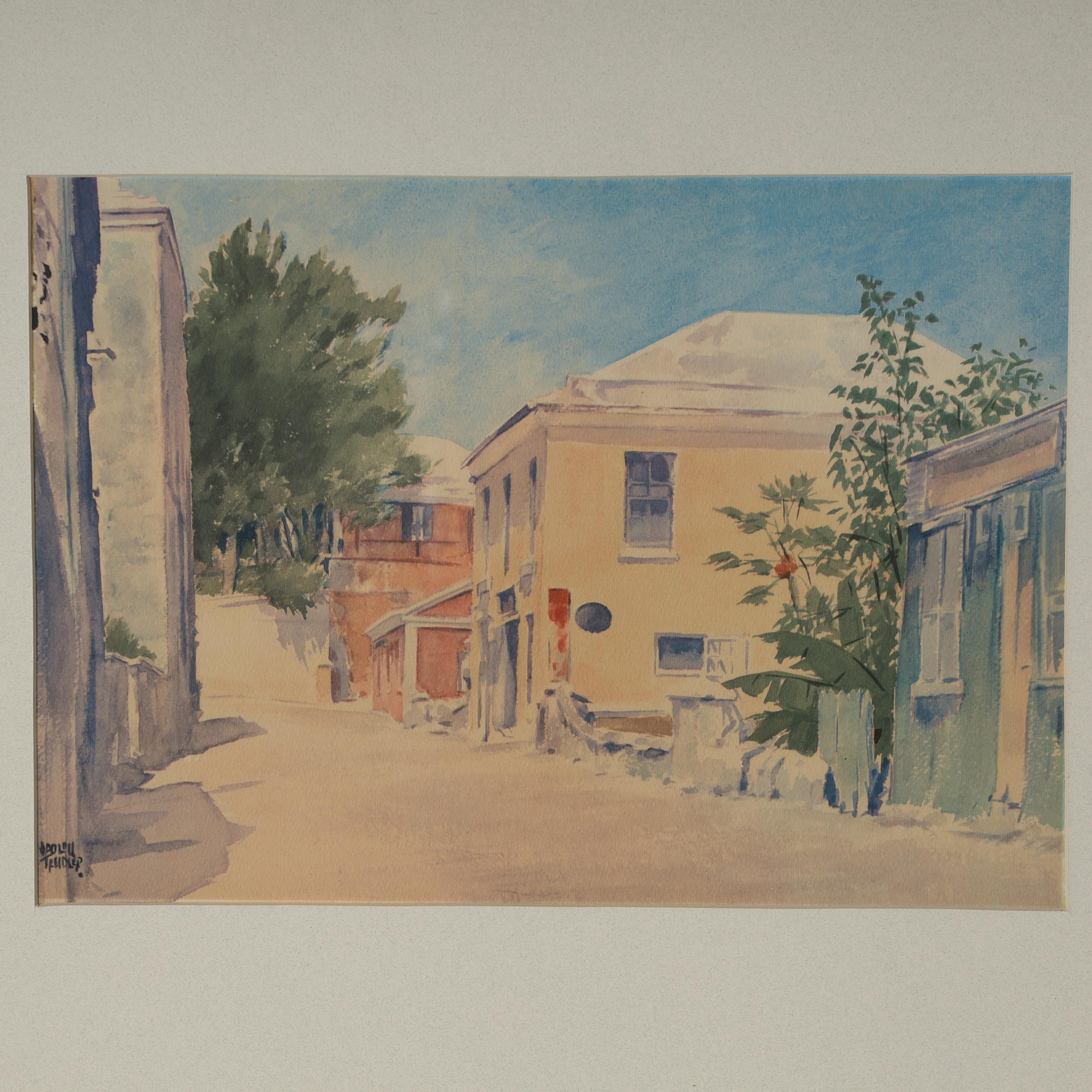 Organic Modern Adolph Treidler Watercolor Street Scene in Bermuda