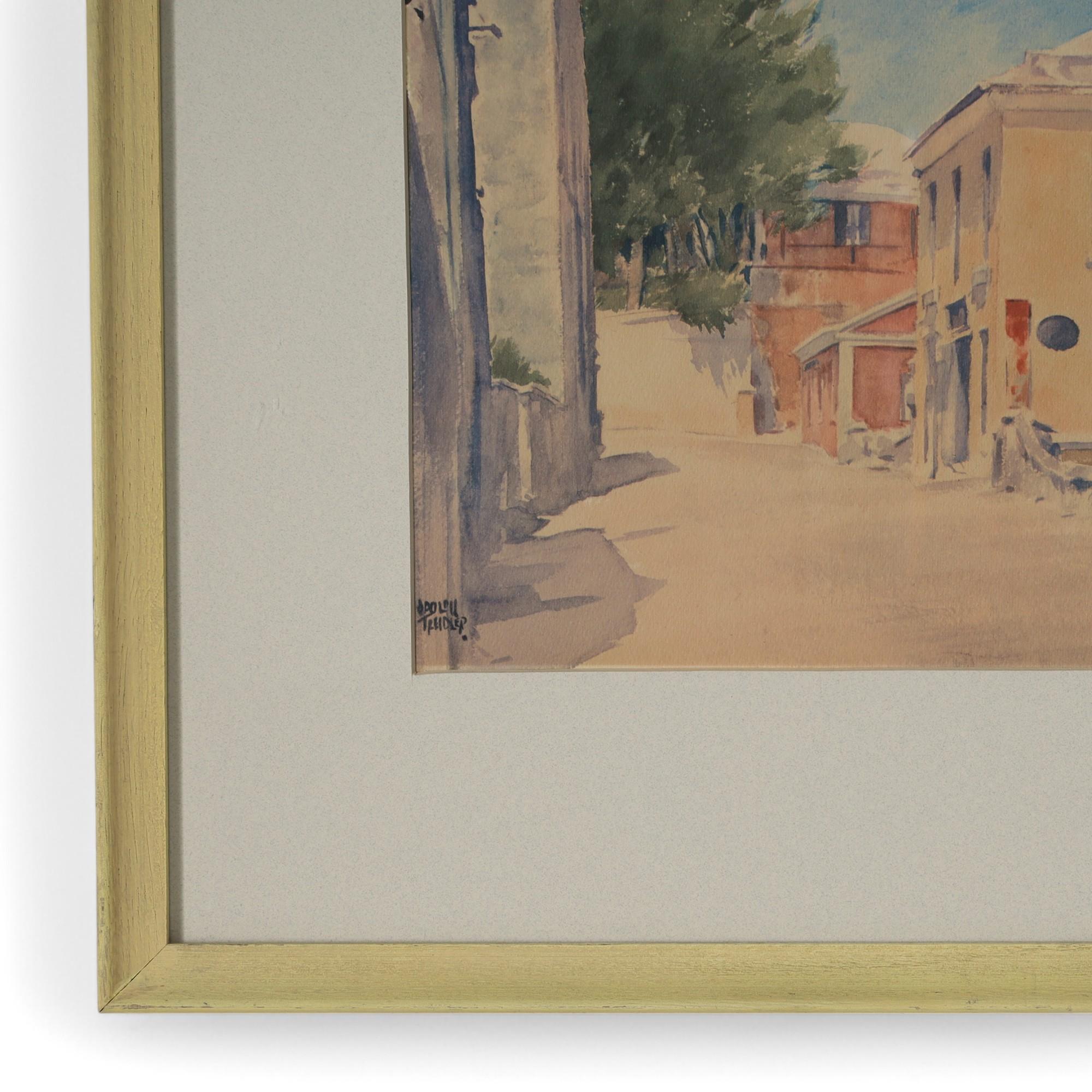 Hand-Painted Adolph Treidler Watercolor Street Scene in Bermuda