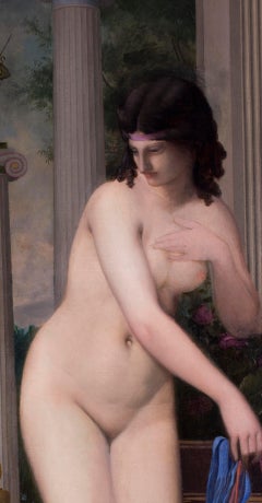 A large French 19th C painting of Venus and Cupid in a classical surrounding