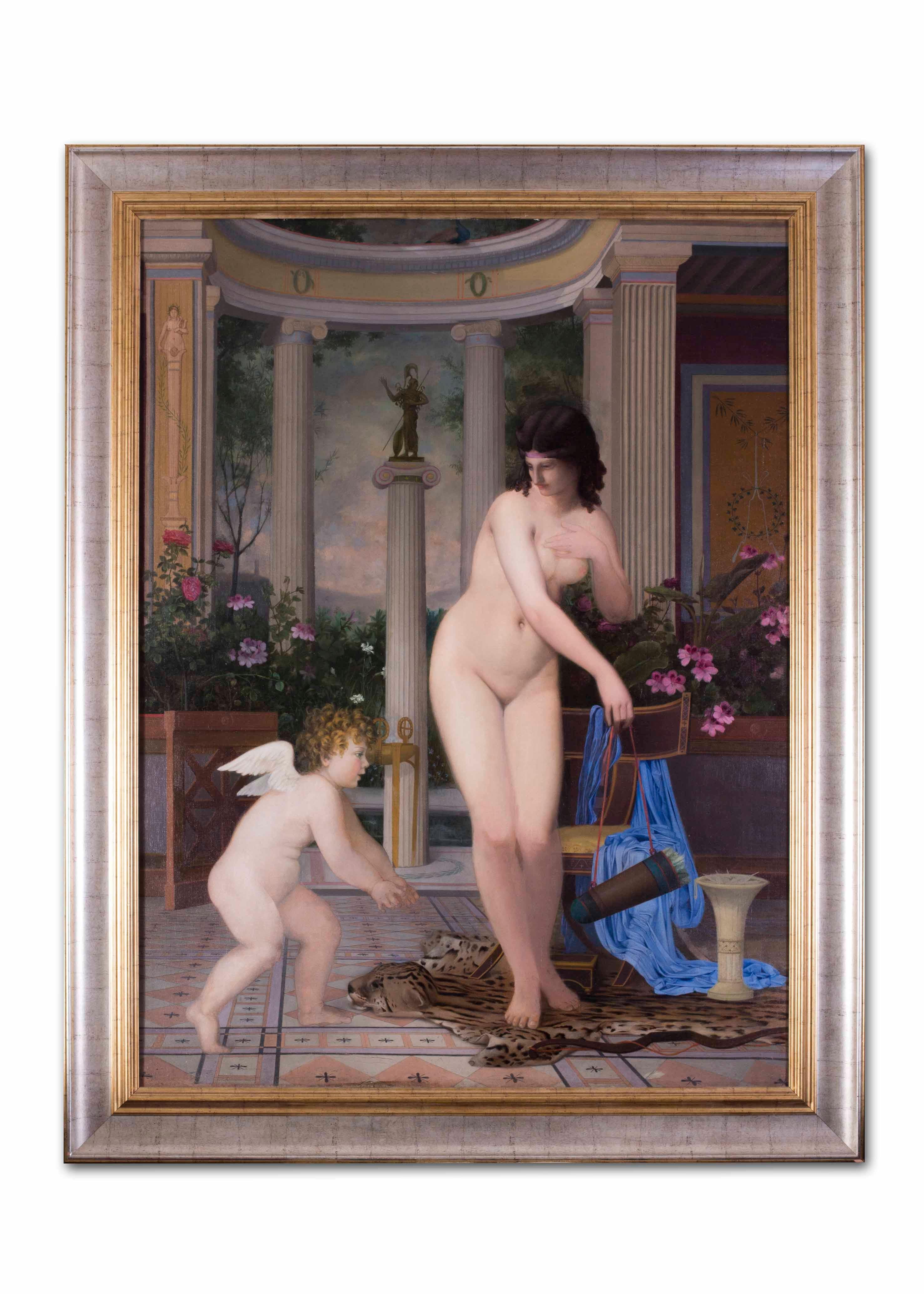 A large French 19th C painting of Venus and Cupid in a classical surrounding 2