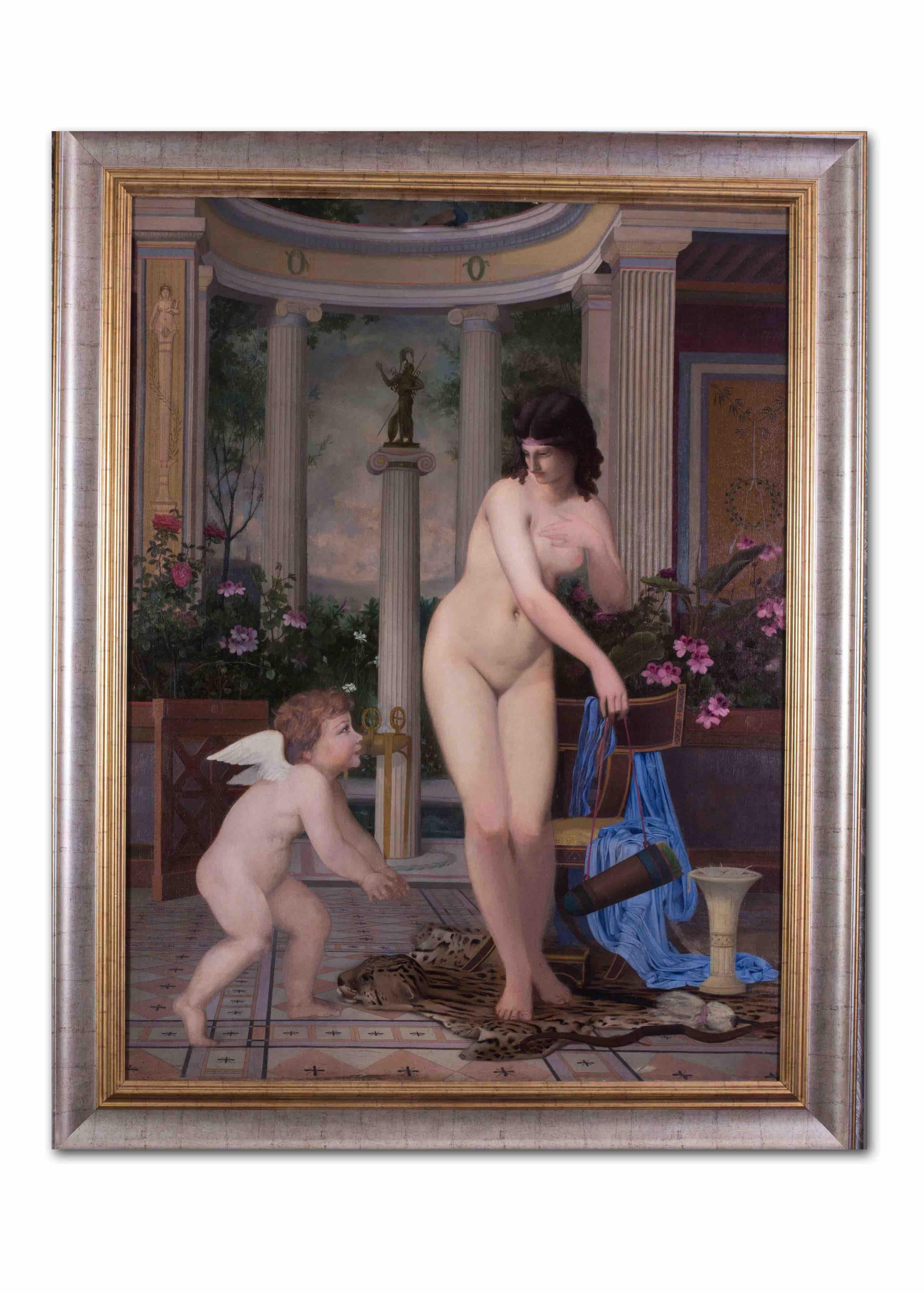 A large French 19th C painting of Venus and Cupid in a classical surrounding 3