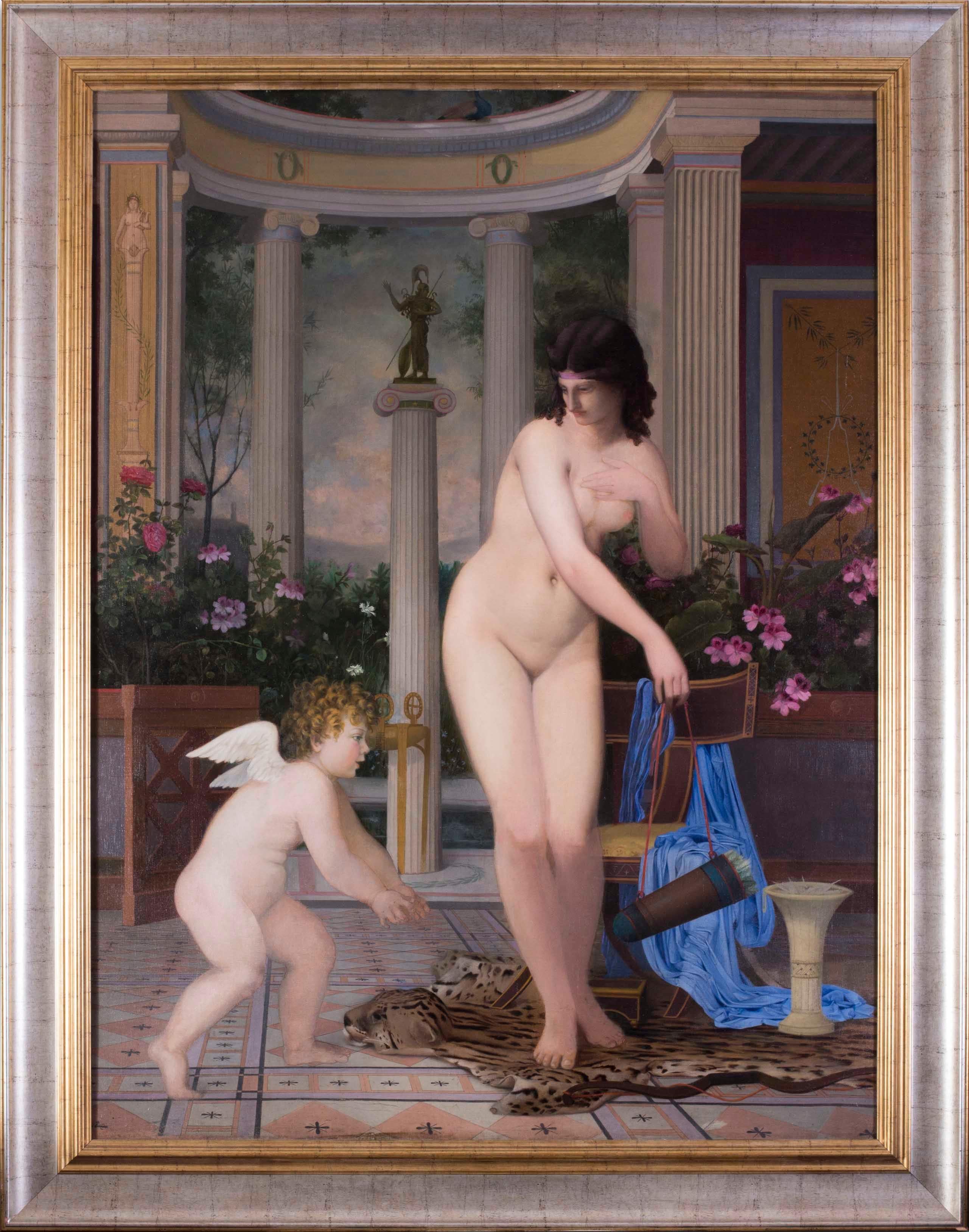 A large French 19th C painting of Venus and Cupid in a classical surrounding